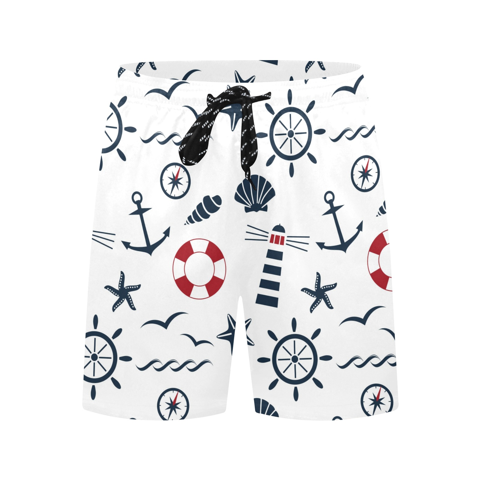 Men's white nautical print mid-length beach shorts with anchor, wheel, and sea elements