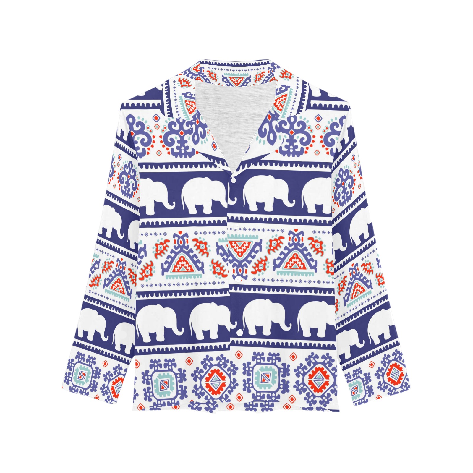 Women's Pajama Shirt with Elephant Print - Polyester, Button-Down Design