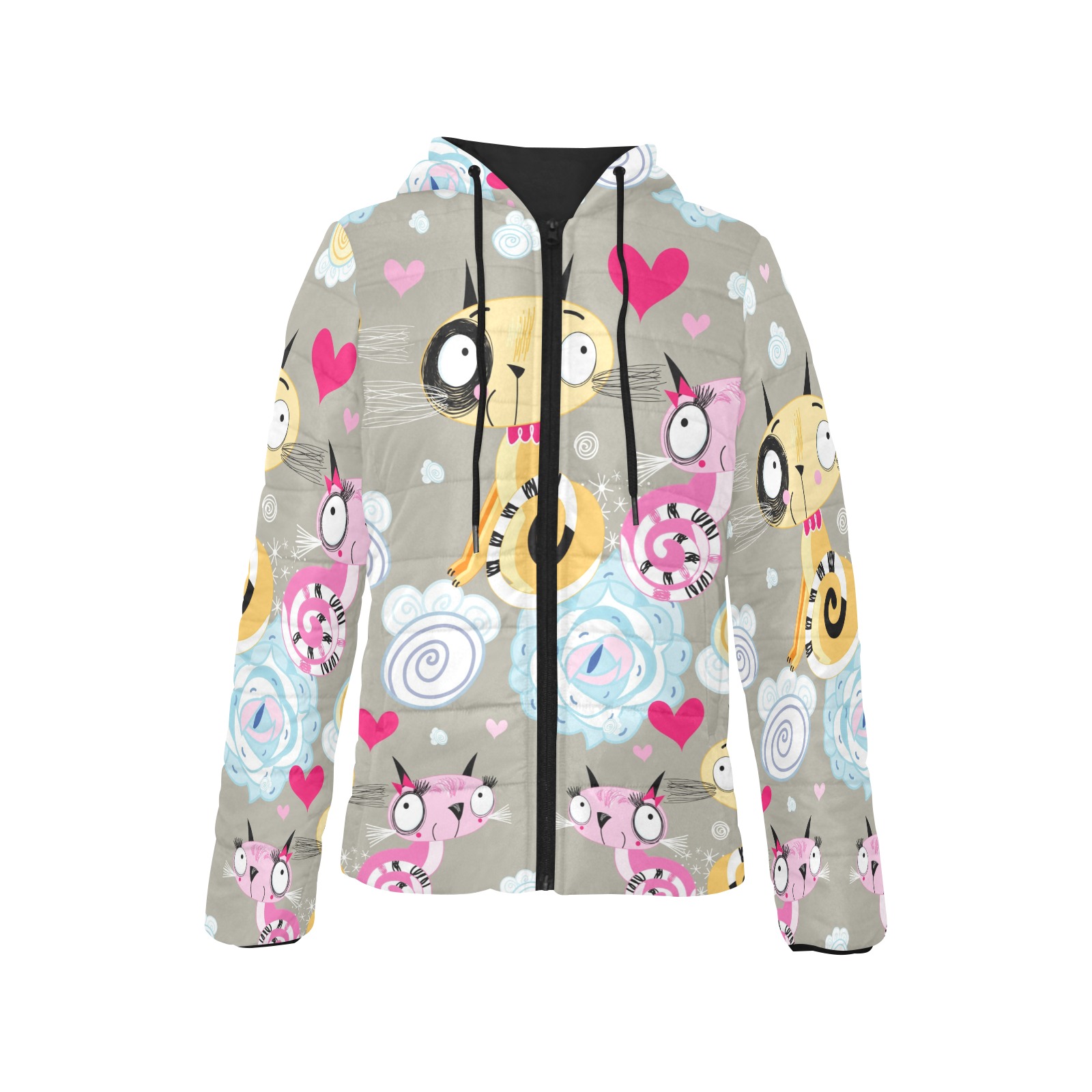 Women's cartoon print padded hooded jacket with zipper closure and elastic cuffs