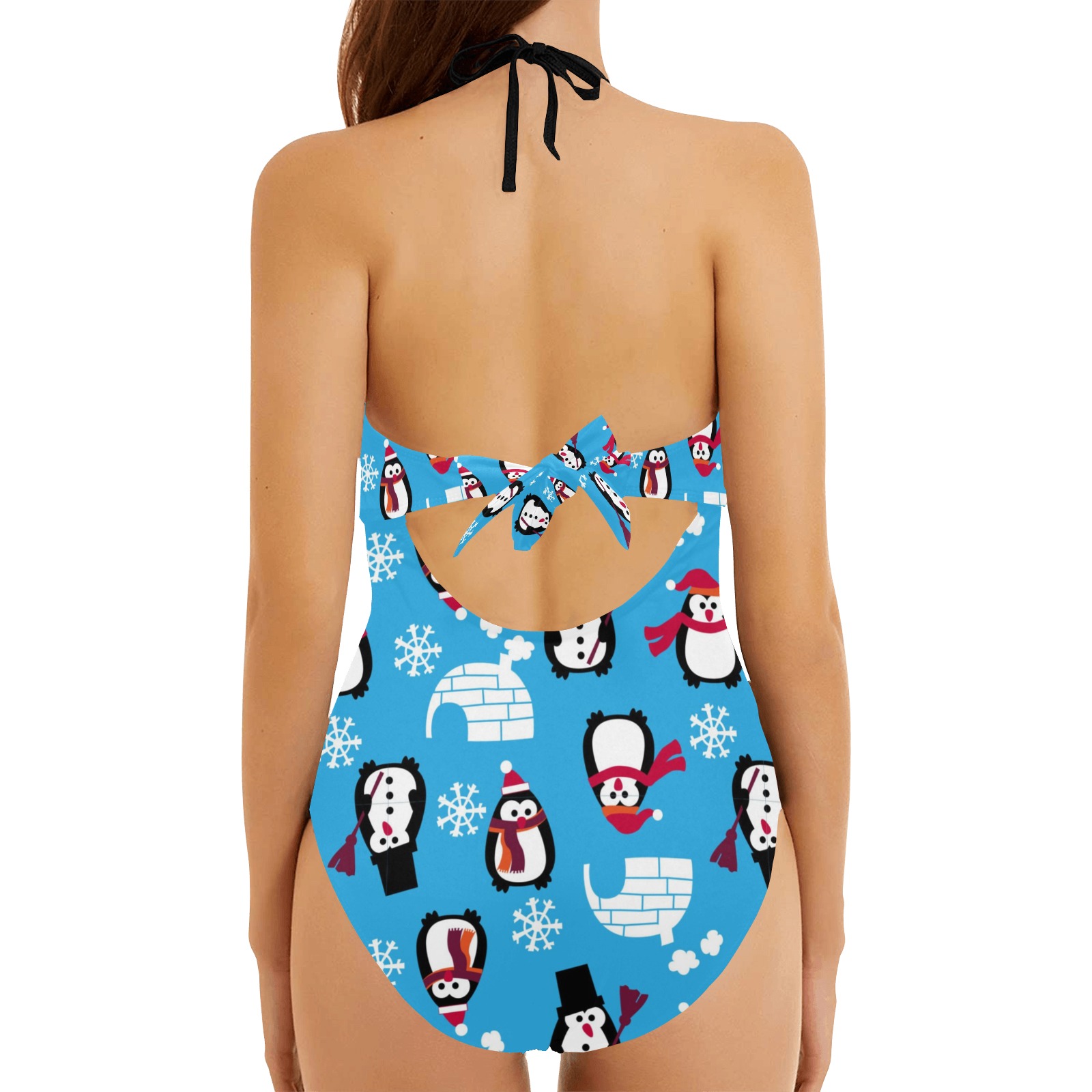 Women's backless bow hollow out swimsuit with penguin pattern, perfect for swimming and summer vacation.