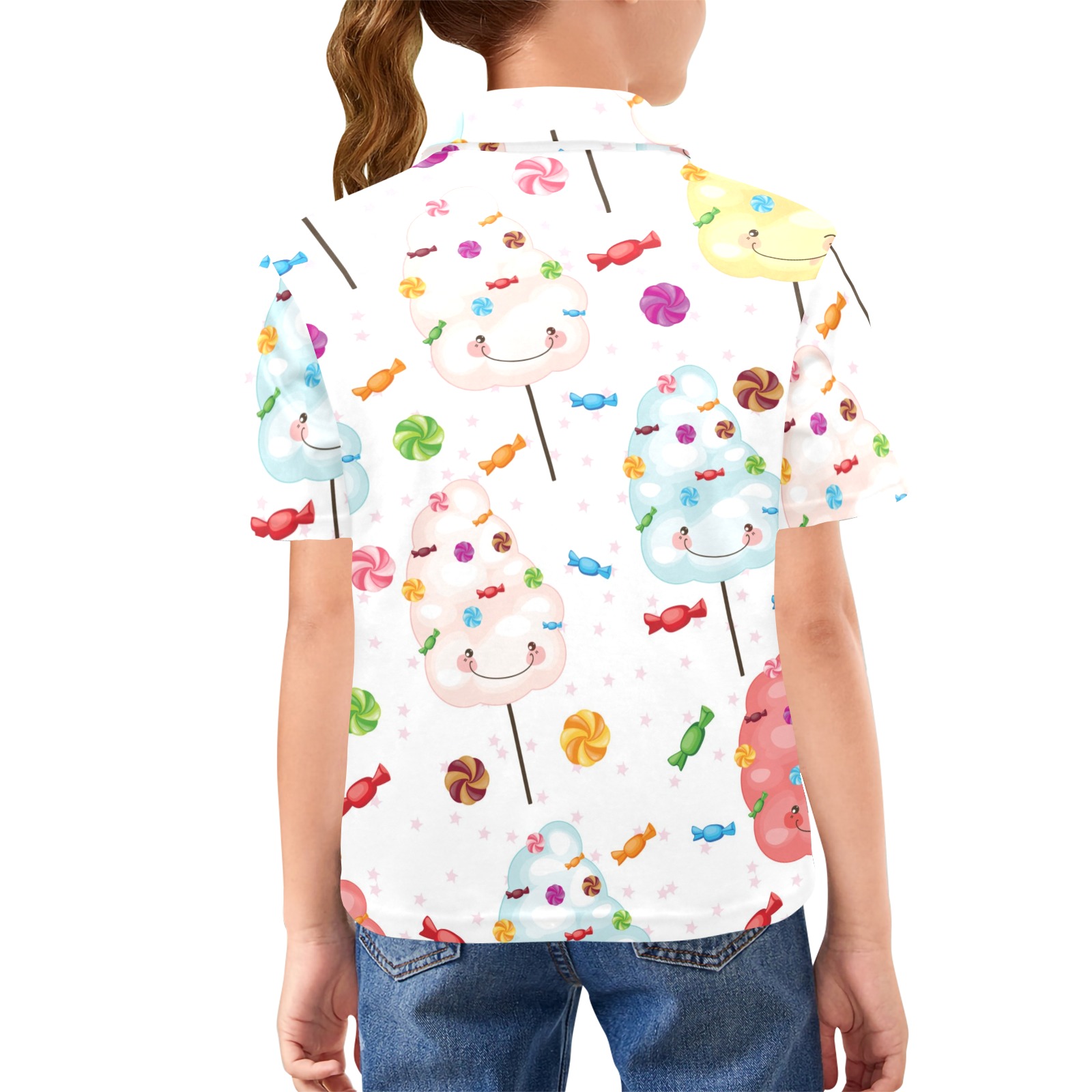 Back view of Big Girls' Polo Shirt T55 in white, featuring a colorful all-over pattern, perfect for summer and school.