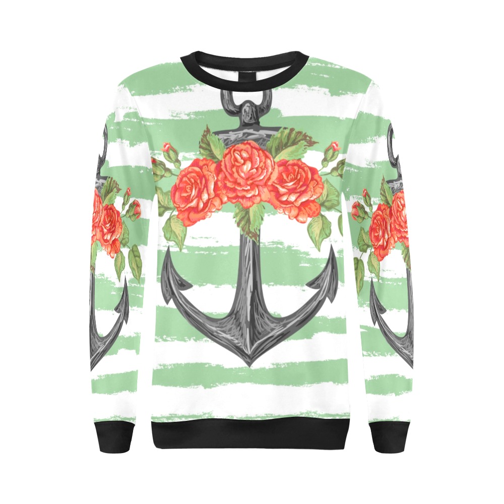 Women's All Over Print Sweatshirt (Model H18) with anchor and rose design