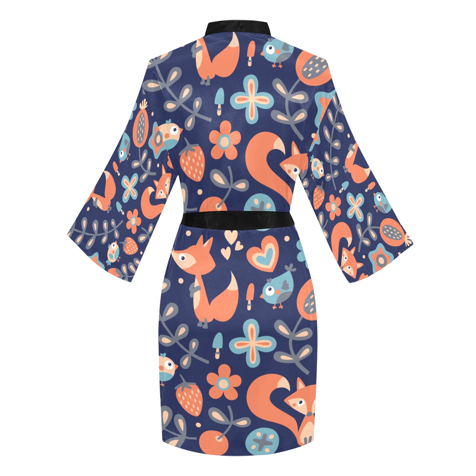 Navy blue Women's Long Sleeve Kimono Robe with orange fox pattern and black belt