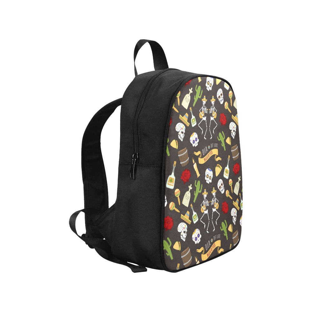 Medium canvas backpack with skull and floral pattern, black straps, and padded back, ideal for school or outdoor activities.