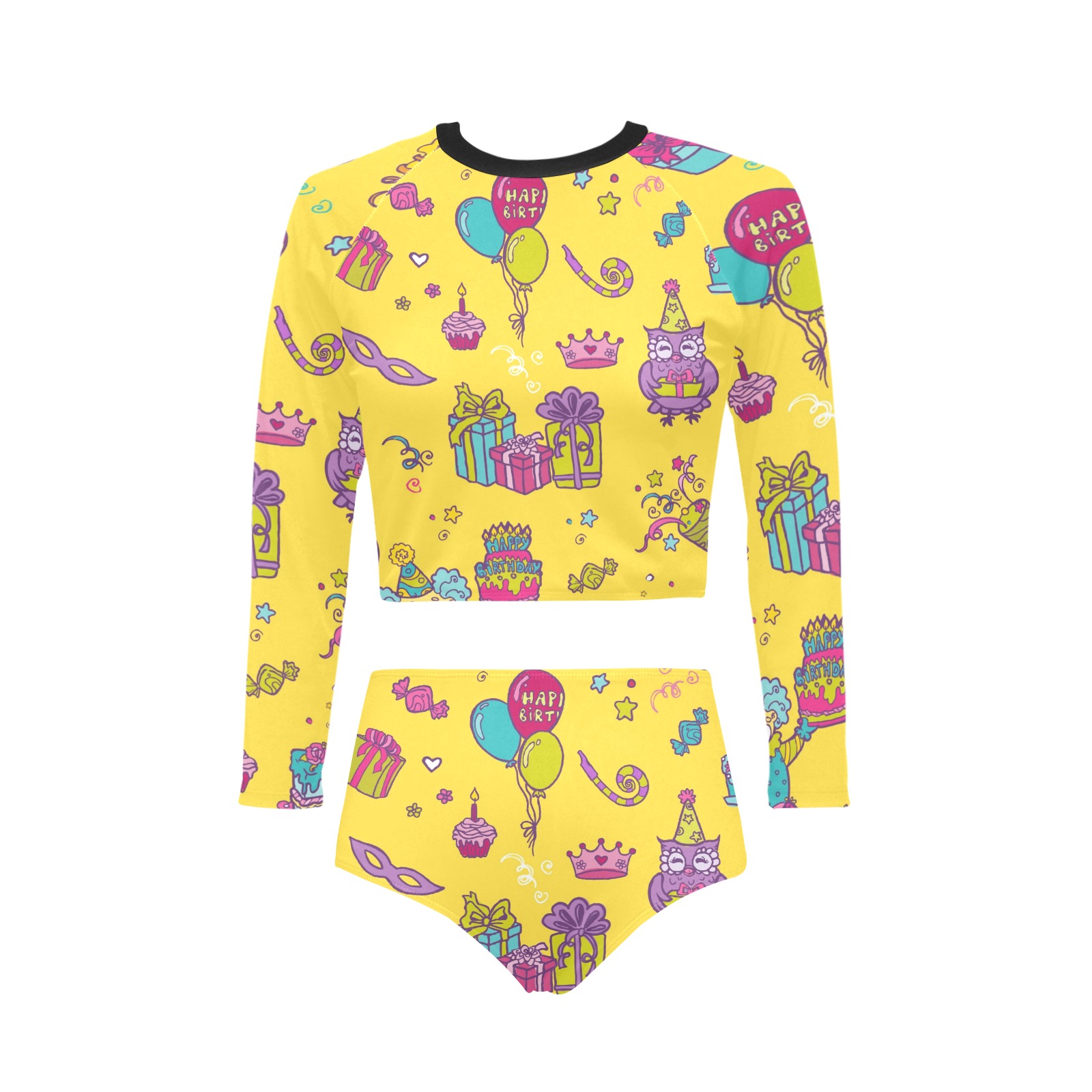 Women's Long Sleeve Bikini Set S27 in Yellow with Unique Print