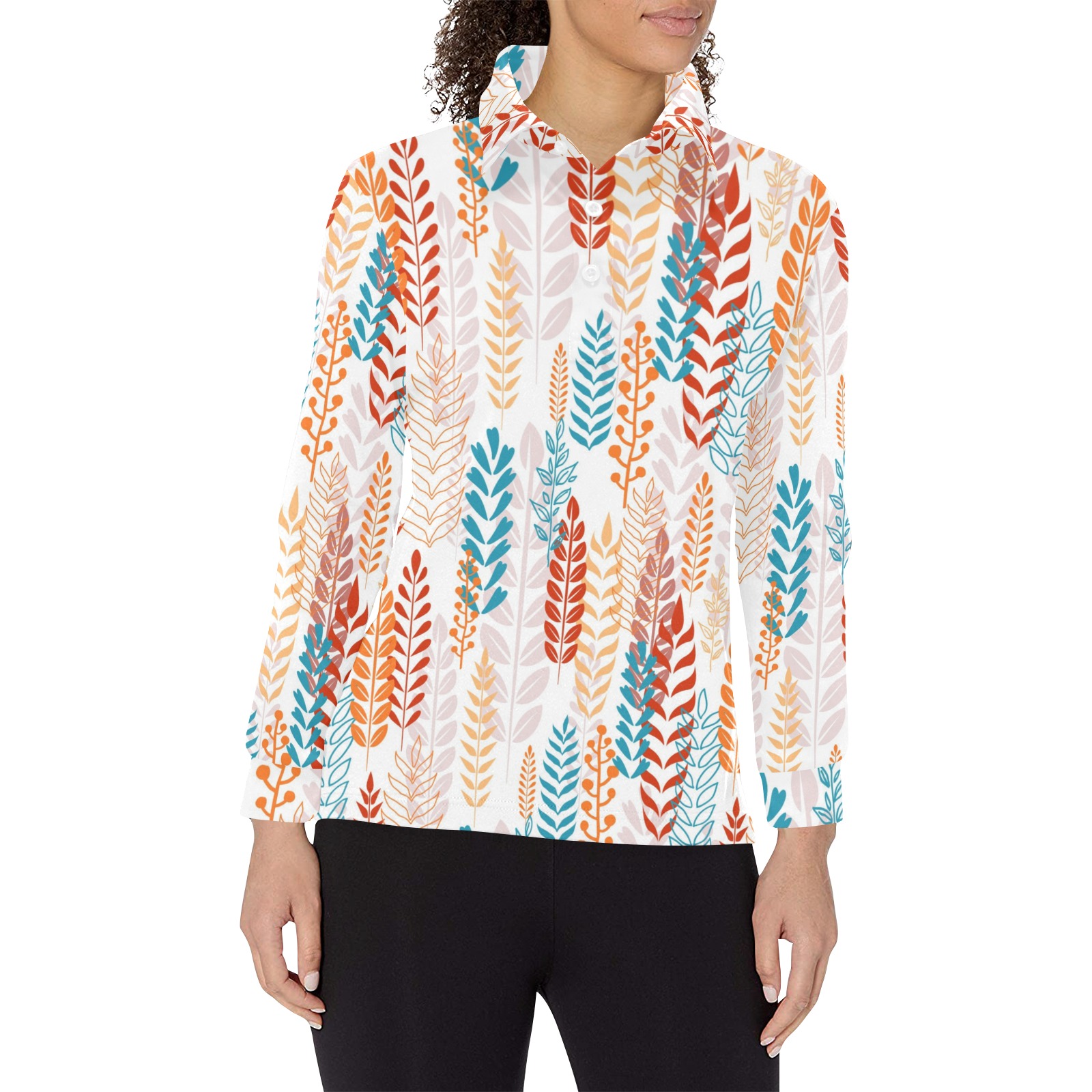 Women's long sleeve polo shirt featuring a vibrant, patterned design. Made of polyester and spandex. Available in sizes S-2XL