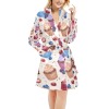 Women's all over print night robe featuring a vibrant pattern of cupcakes and other desserts.