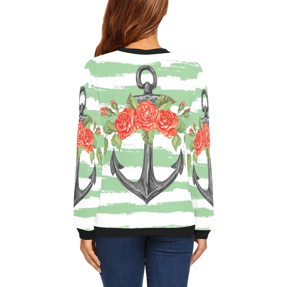 Women's All Over Print Sweatshirt (Model H18) with Anchor and Rose Design