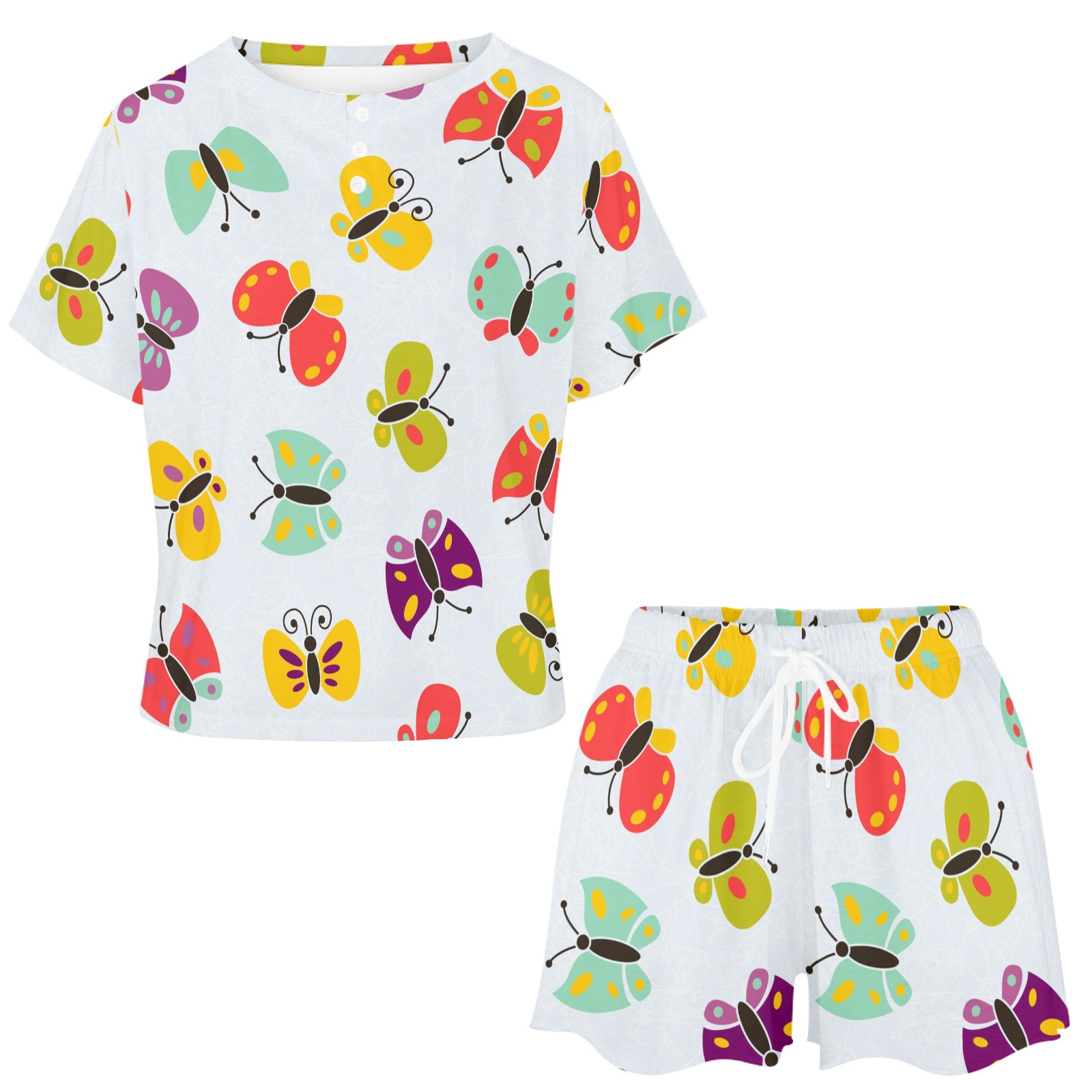 White Ladies' Butterfly Print Home Suit Set - Summer Casual Wear