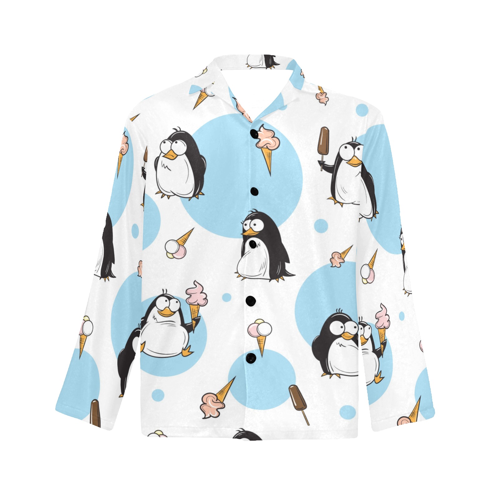 Men's Long Sleeve V-Neck Pajama Top with Penguin Pattern