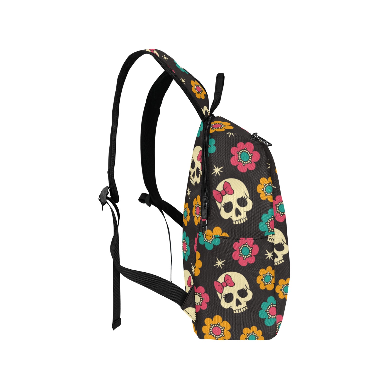 Lightweight Skull and Floral Print Backpack - Polyester, adjustable straps, perfect for school, work, and travel.