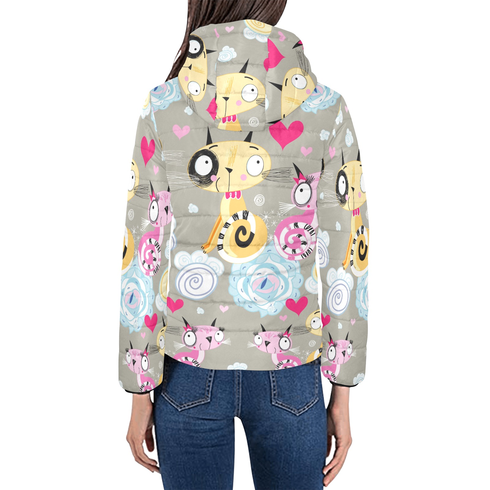 Women's cartoon print padded hooded jacket, zipper closure, elastic cuffs
