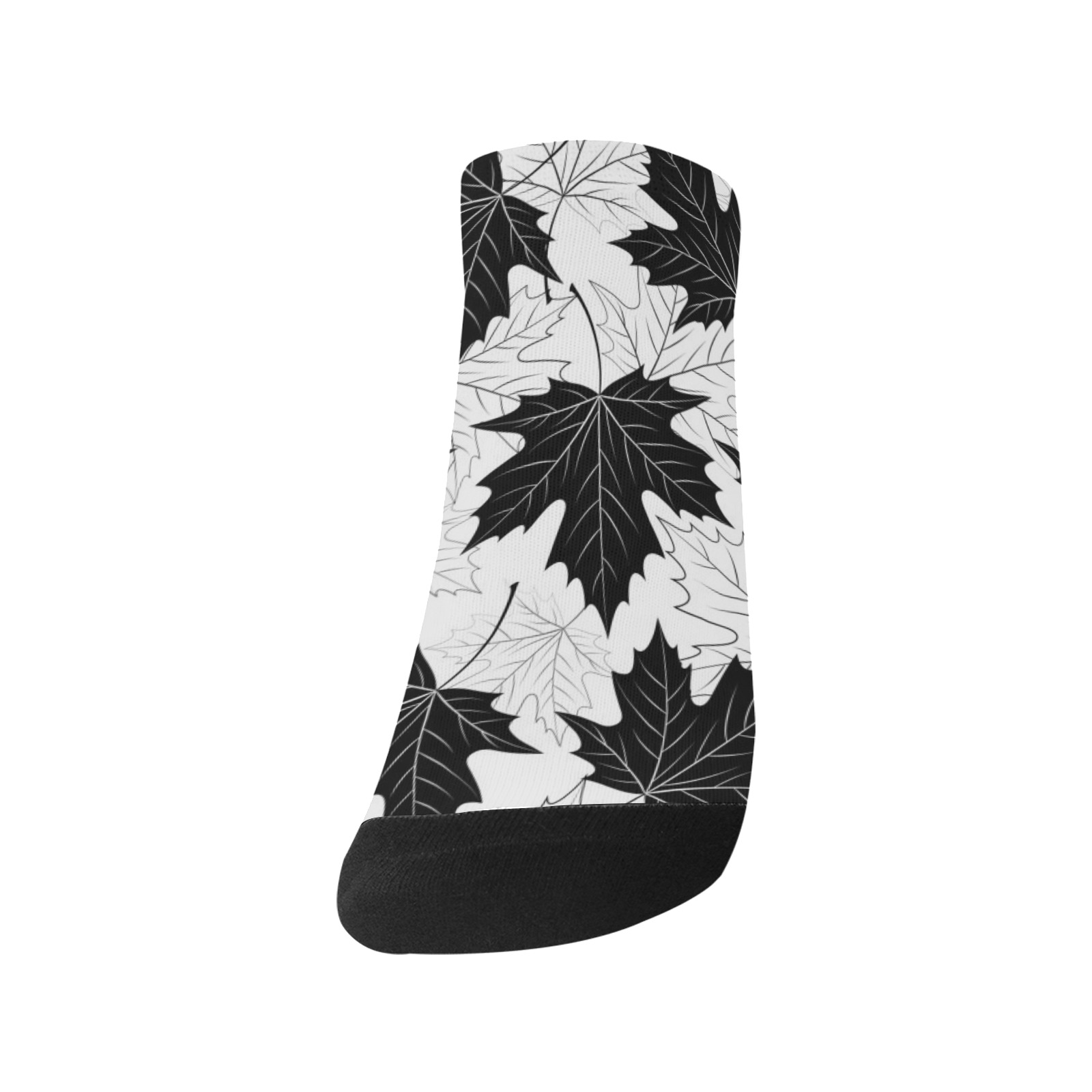 Men's black and white maple leaf ankle socks, featuring a repeating leaf pattern on the polyester fabric