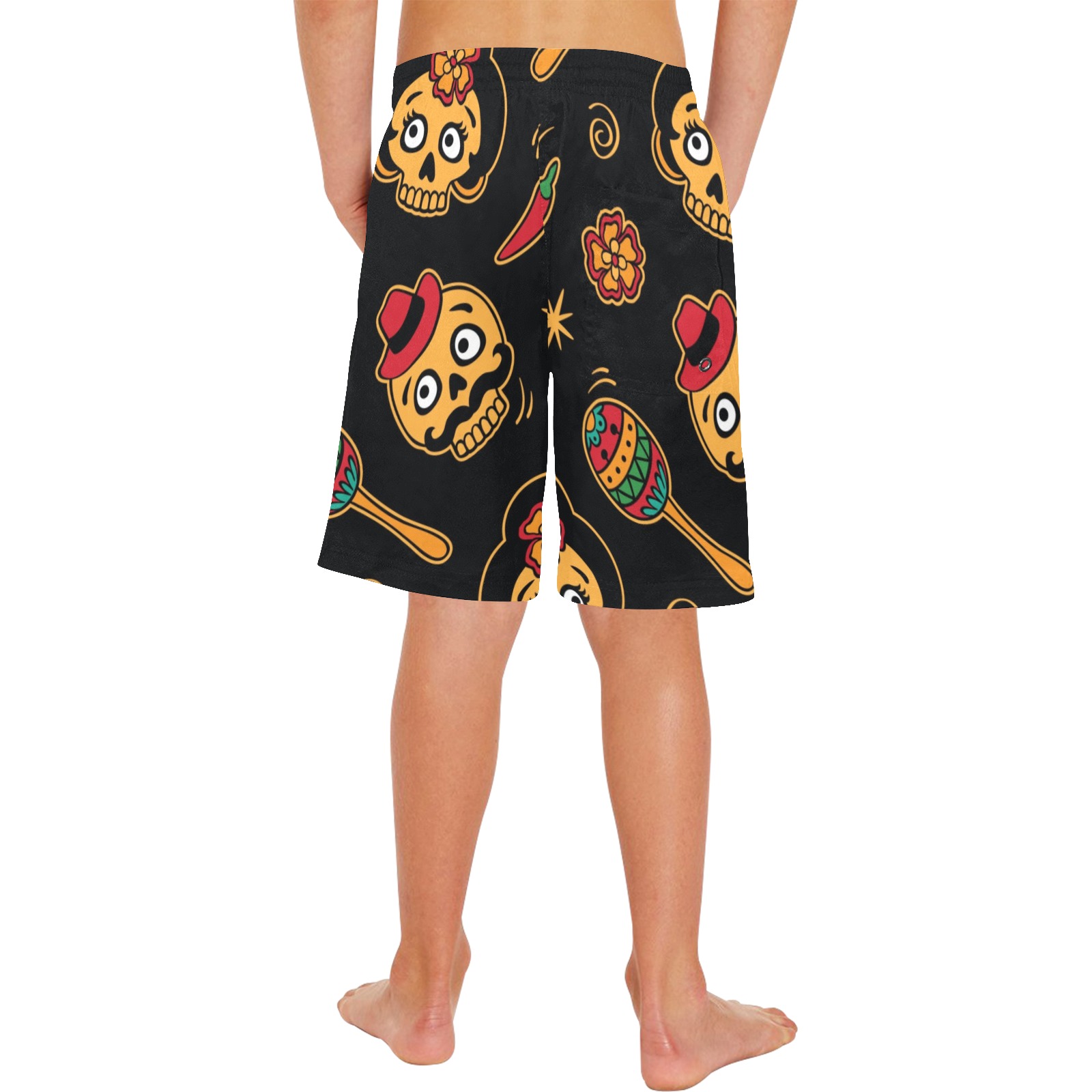 Boys' black beach shorts with all-over print, elastic waistband, and drawcord.