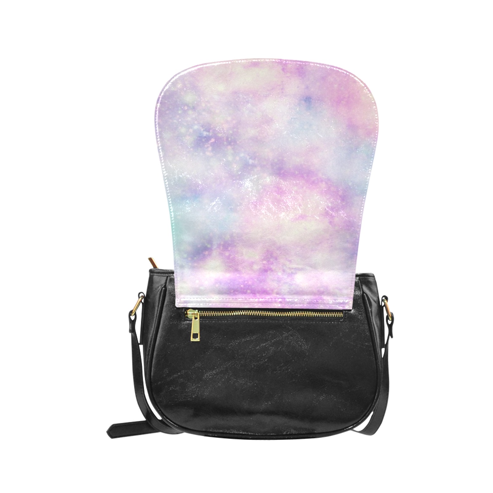 Classic Saddle Bag (Model 1648) Small with galaxy print flap and black PU leather, cross body design