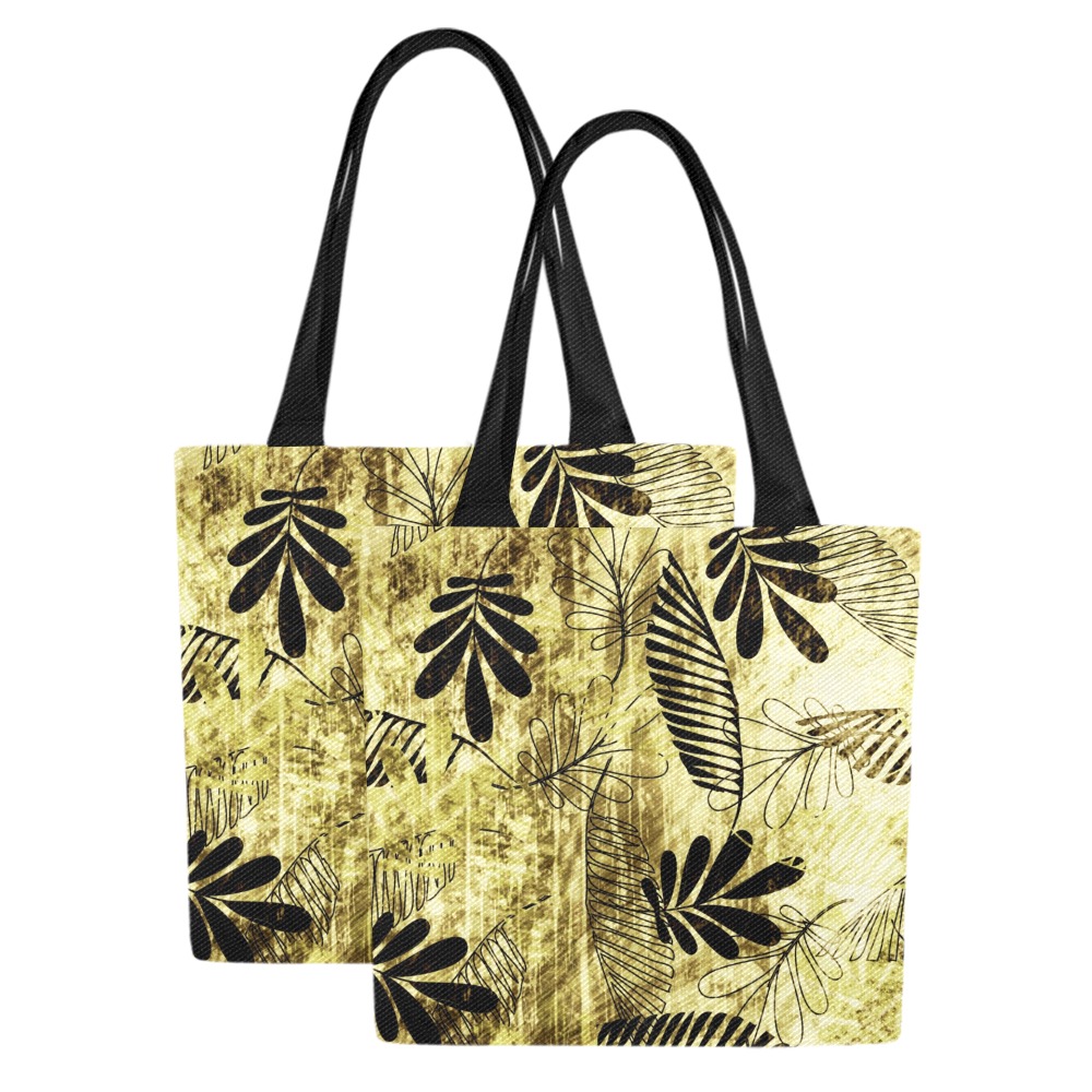 Set of 2 Canvas Tote Bags featuring a yellow floral pattern with black handles, perfect for shopping and travel