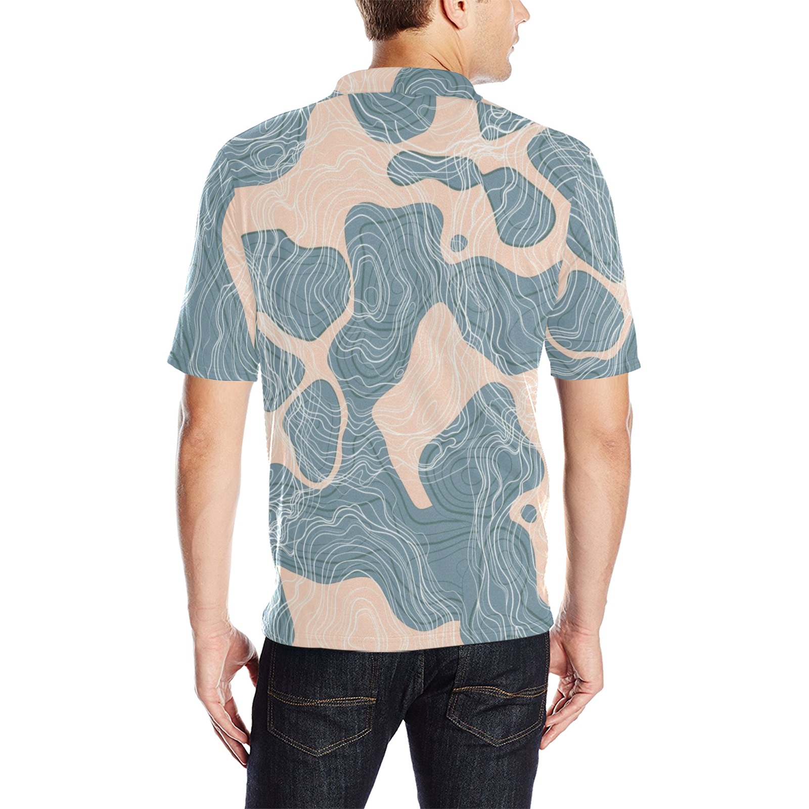 Men's All Over Print Polo Shirt (T55) with abstract blue and beige design, polyester fabric.