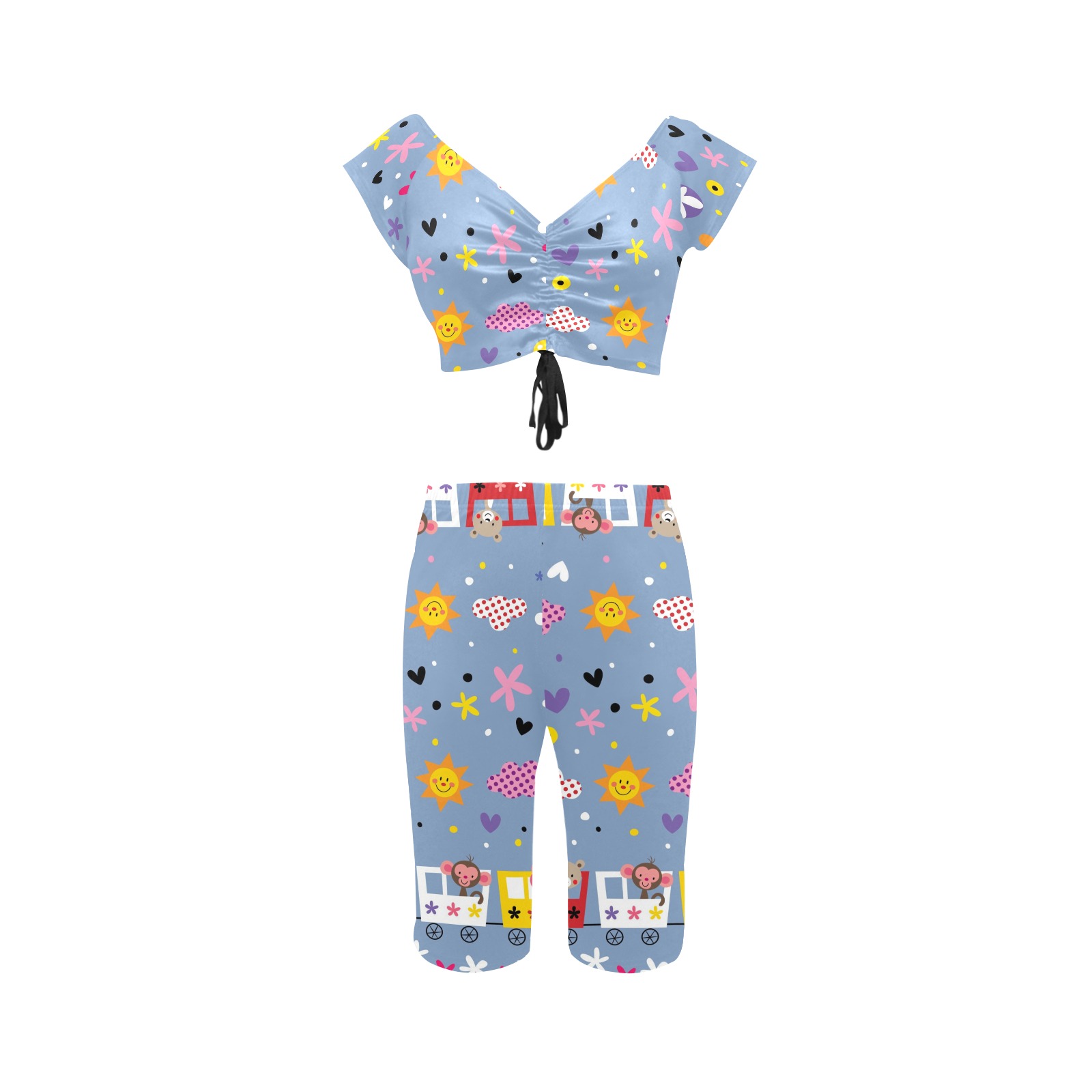 Blue floral printed yoga set for women. Crop top and shorts outfit for casual wear and sports.