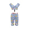 Blue floral printed yoga set for women. Crop top and shorts outfit for casual wear and sports.