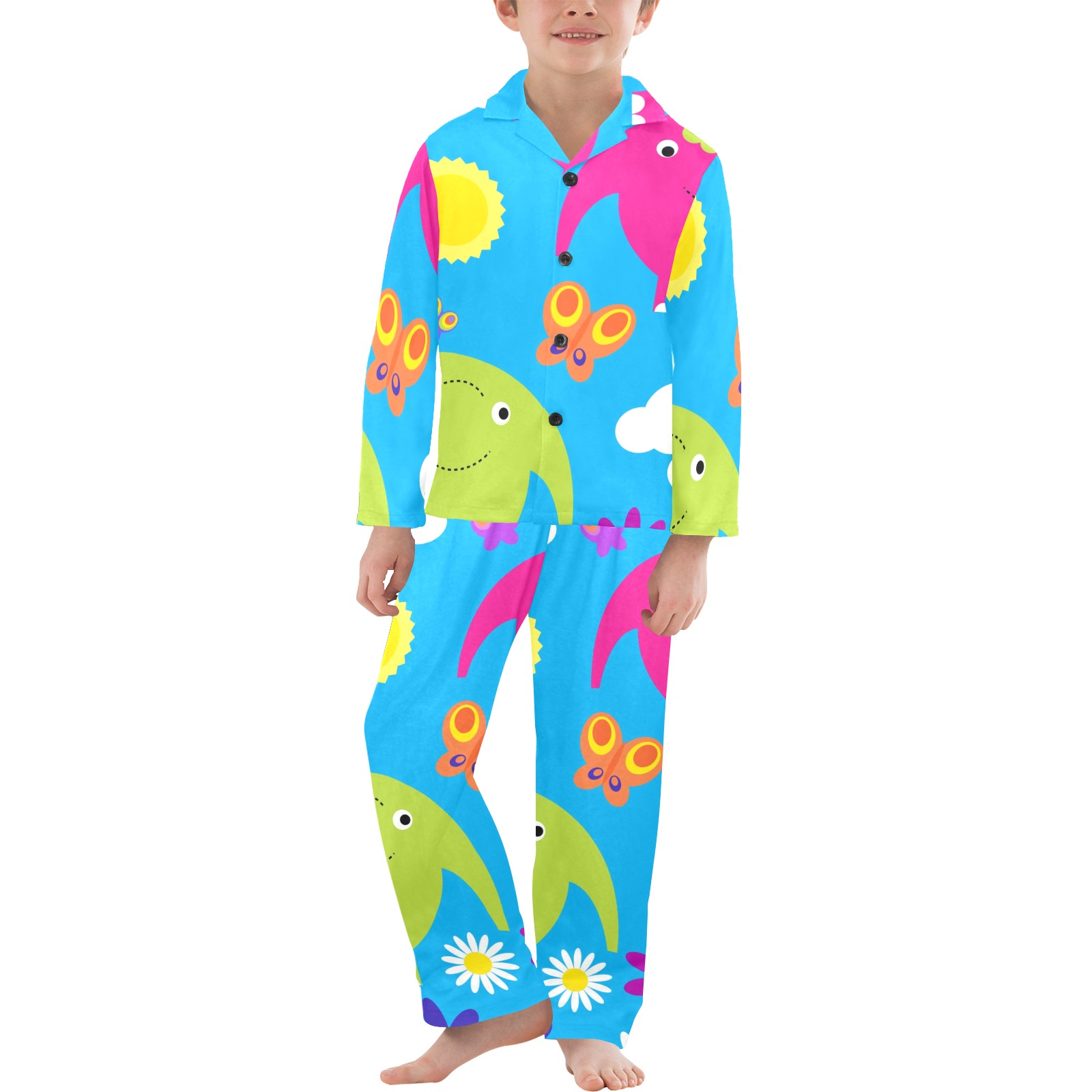 Big Boys' V-Neck Long Pajama Set in Sets 02, featuring a colorful all-over print on a blue background.