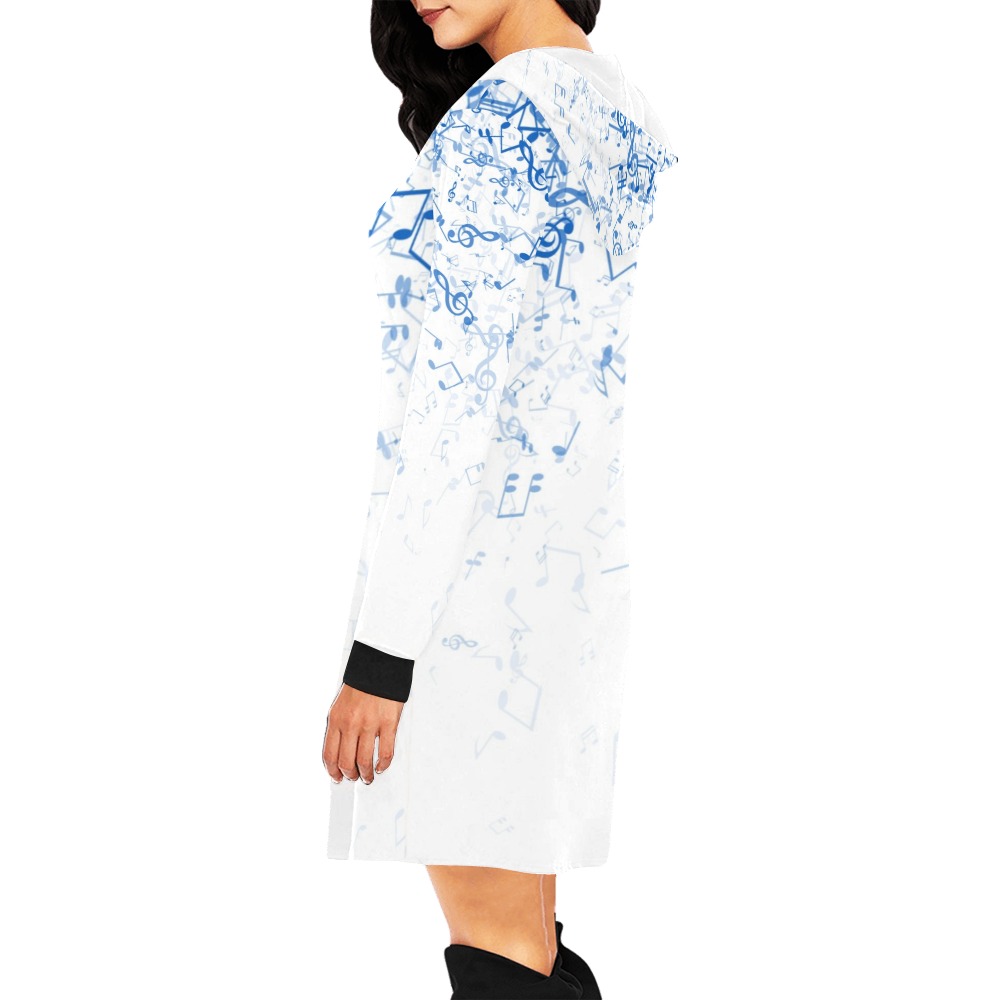 Women's white and blue splatter print hoodie mini dress, polyester, with long sleeves, side view