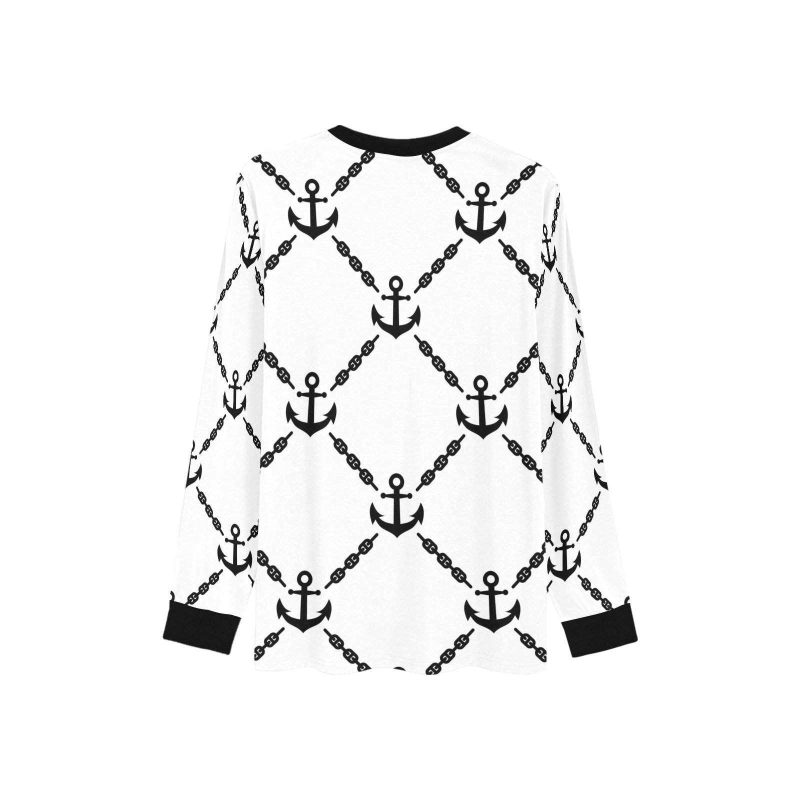 Men's white polyester pajama top with black anchor pattern, collar and cuffs. Sleepwear.
