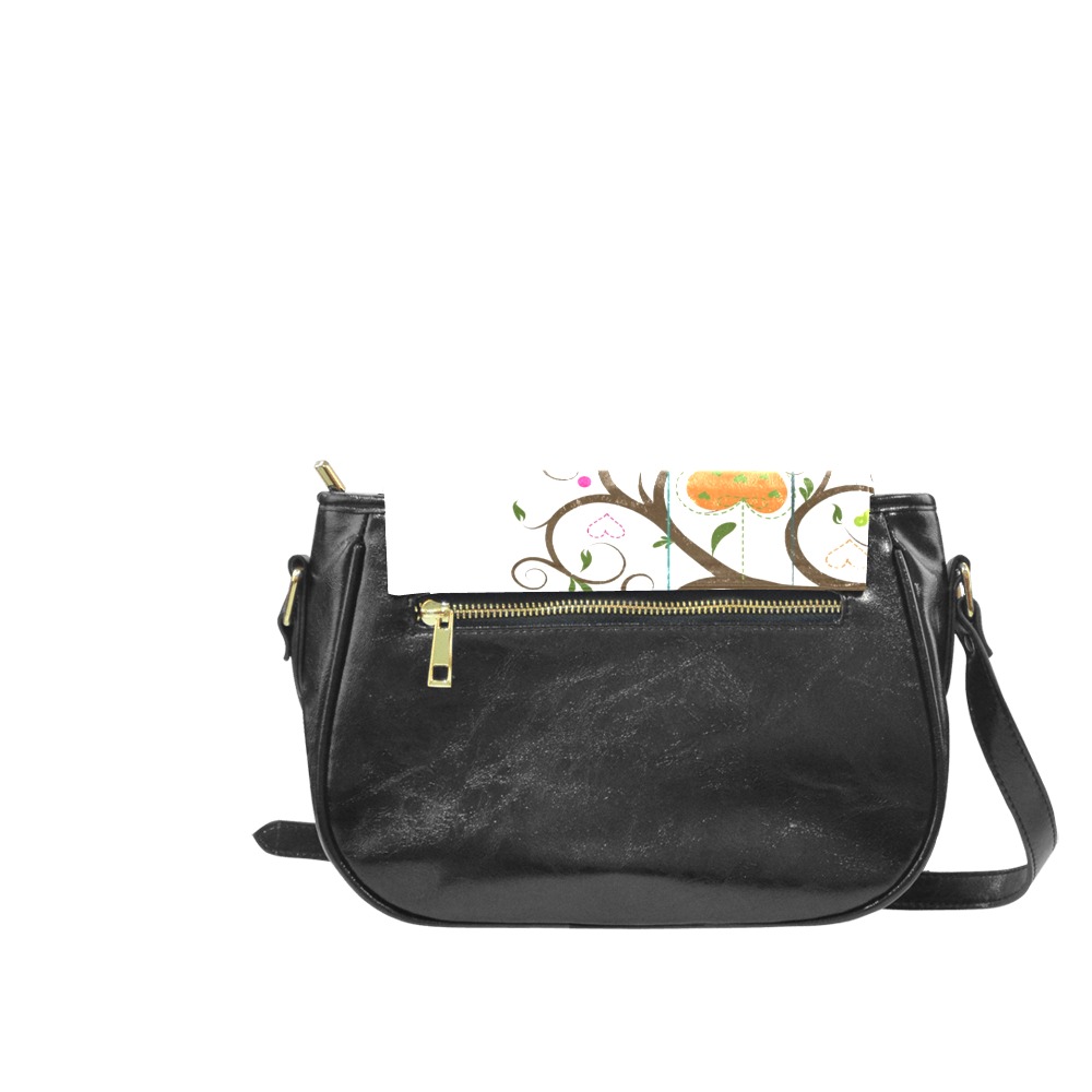 Black PU Leather Classic Saddle Bag for Women with gold zipper and adjustable strap.