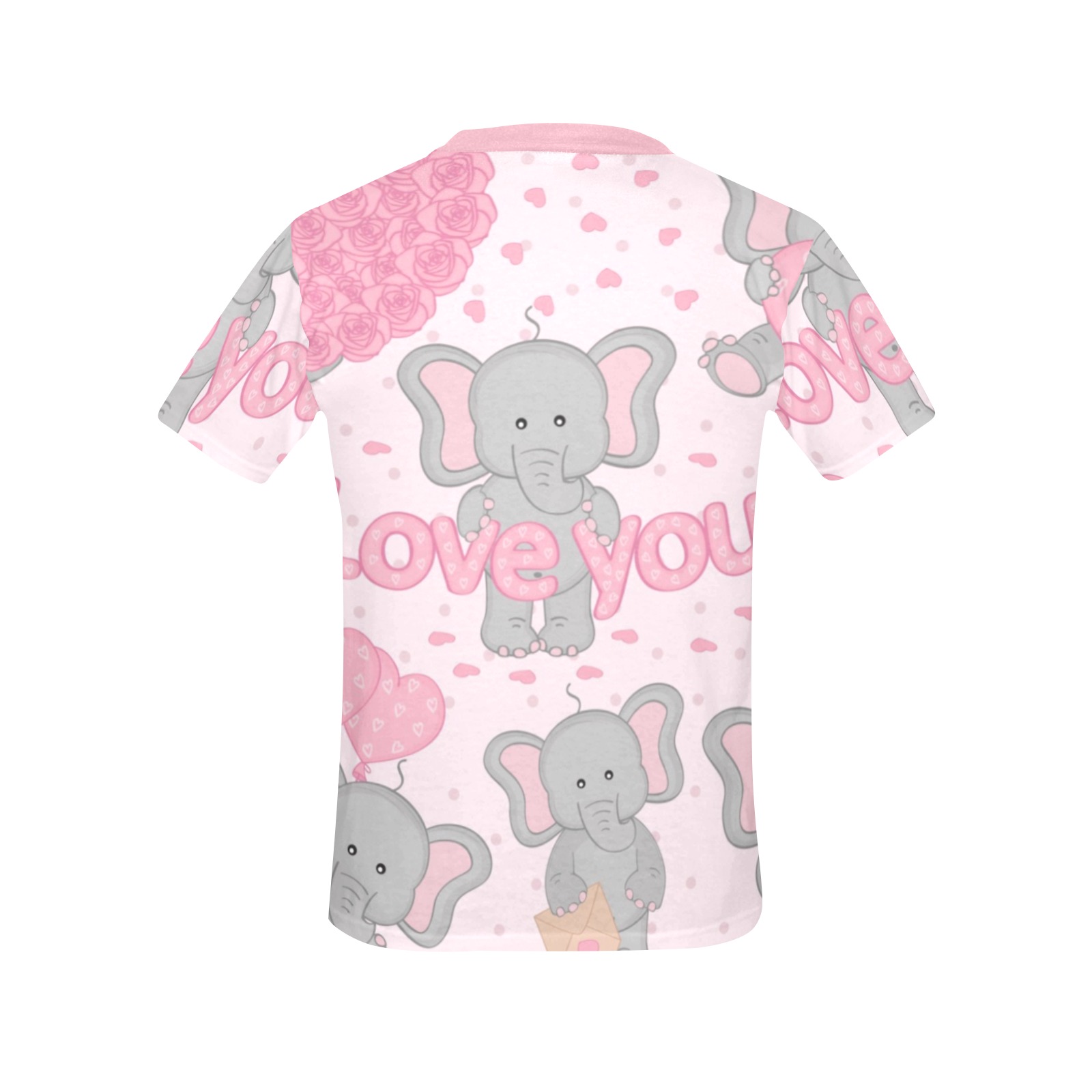 Pink women's all-over print crew neck T-shirt featuring elephant and heart pattern