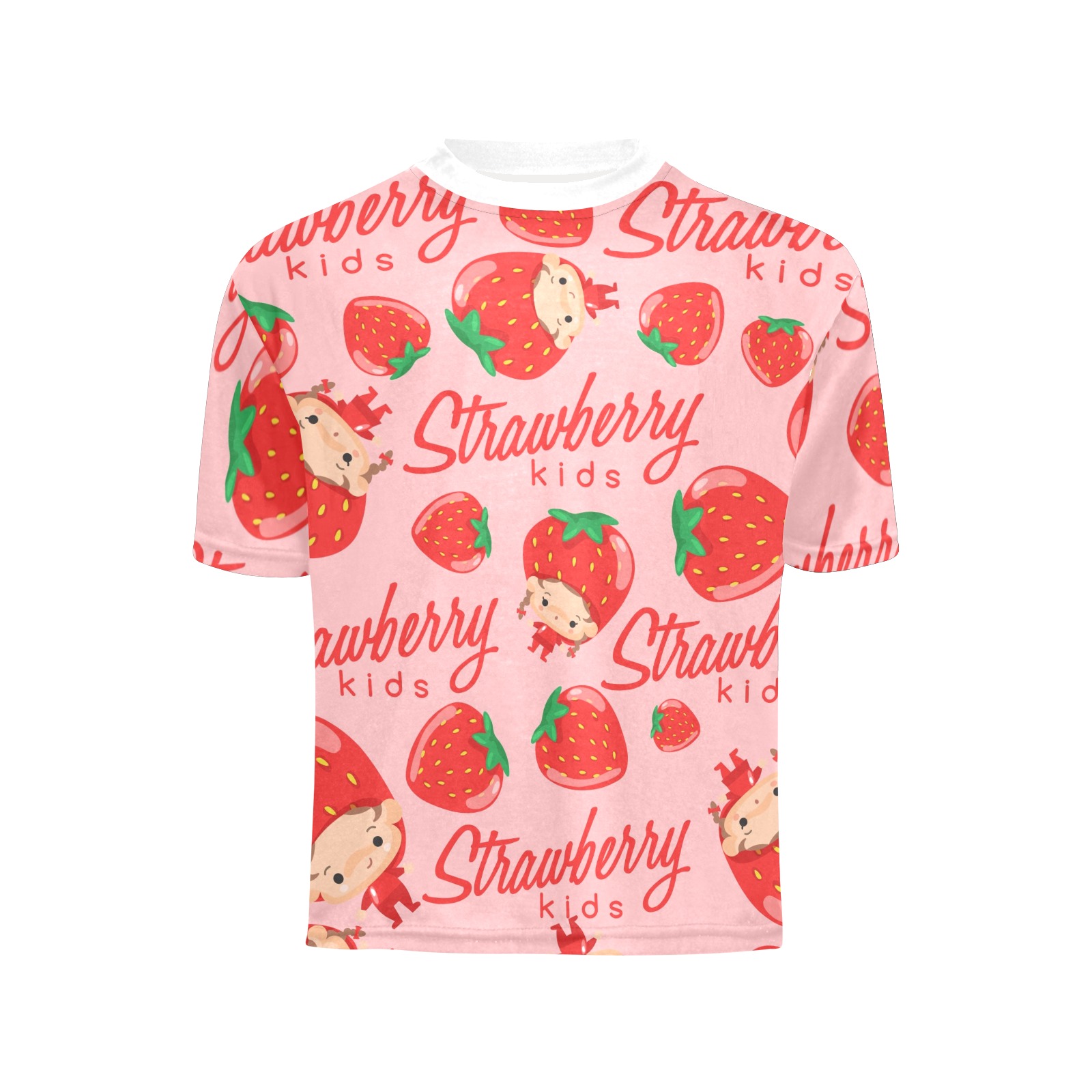 Big Girls' Strawberry Print Crew Neck T-Shirt, pink polyester tee with strawberry pattern