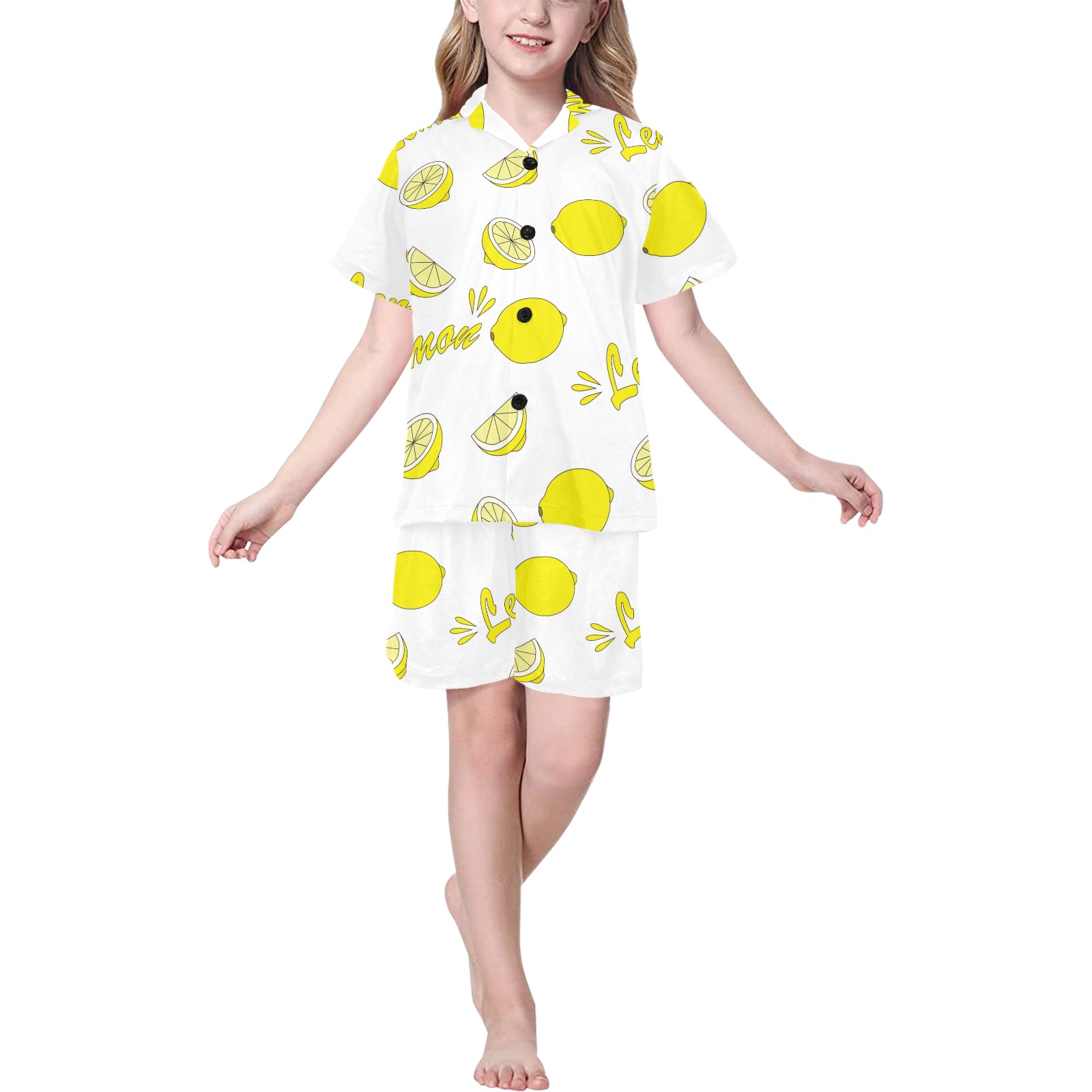 Big Girls' V-Neck Short Pajama Set in white with yellow fruit pattern, polyester material, comfortable sleepwear.