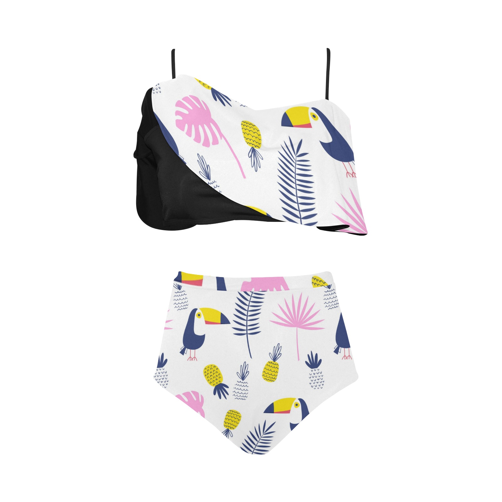 High Waisted Flounce Bikini Set (S13) with tropical print and flounce design, for women.