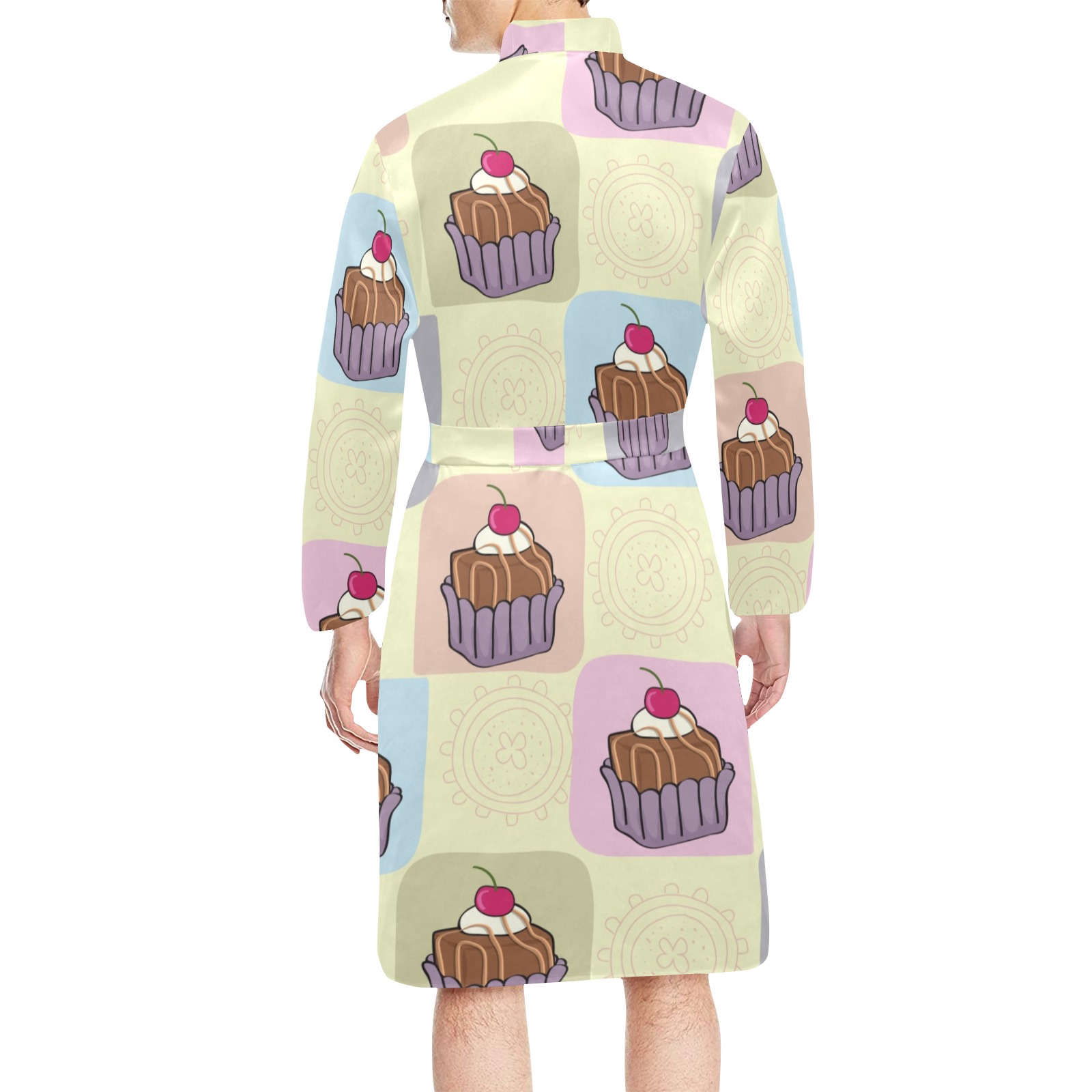 Men's long sleeve robe with cupcake print, belted sleepwear for comfortable home wear.