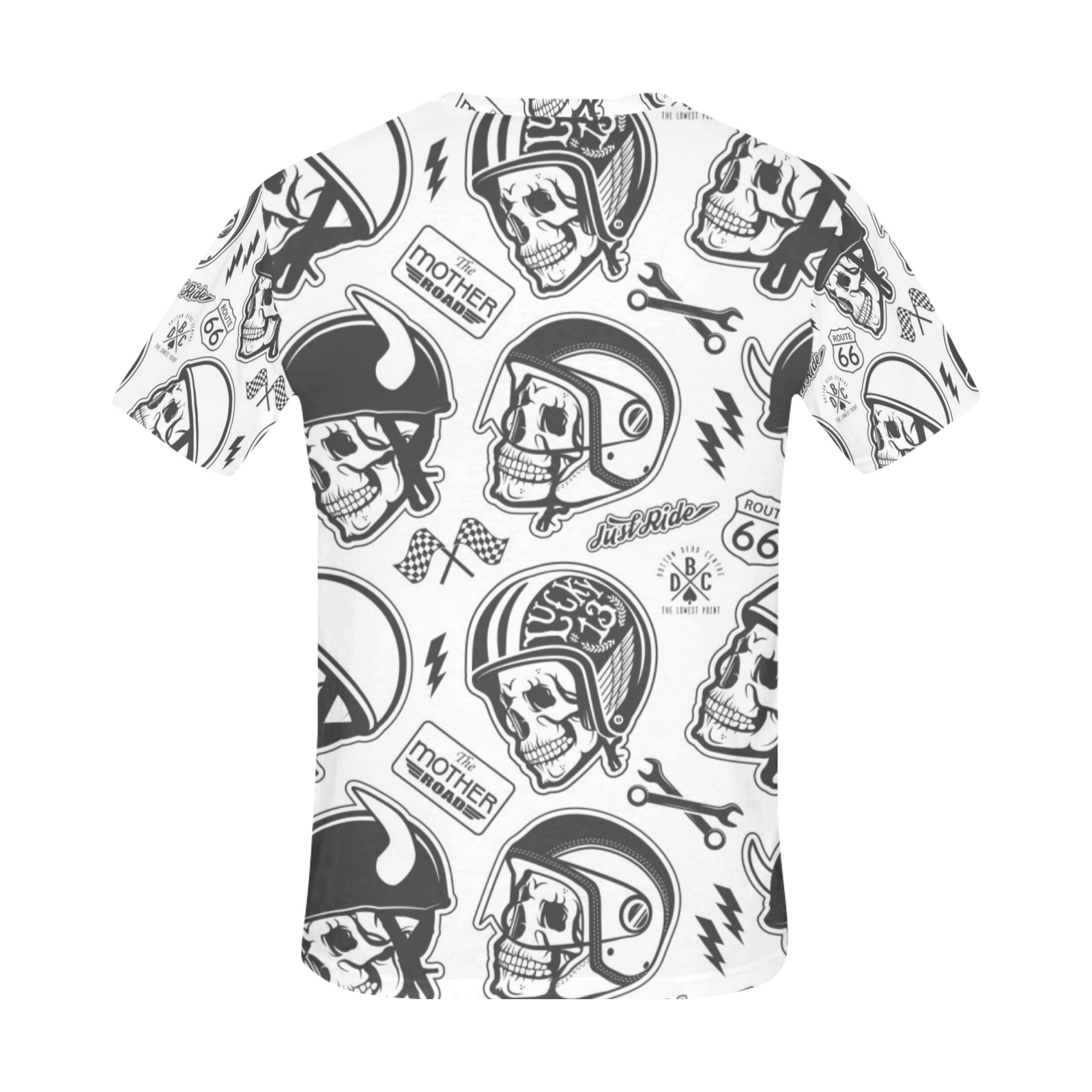 Men's All Over Print T-shirt (Model T40) featuring skull and helmet pattern, USA Size, Polyester Fabric.