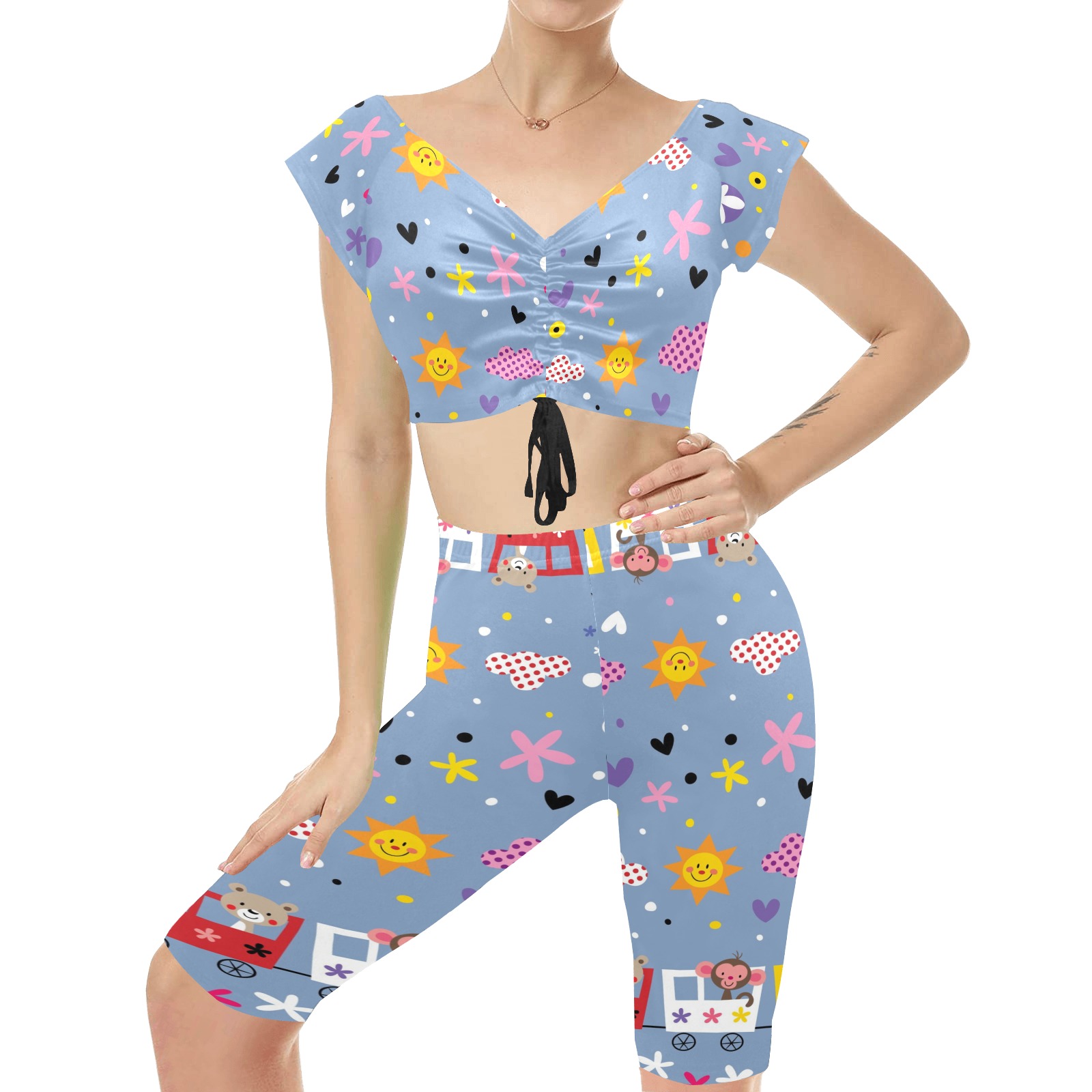 Women's Crop Top Yoga Set (Sets 06) - Blue Floral Printed 2-Piece Outfit