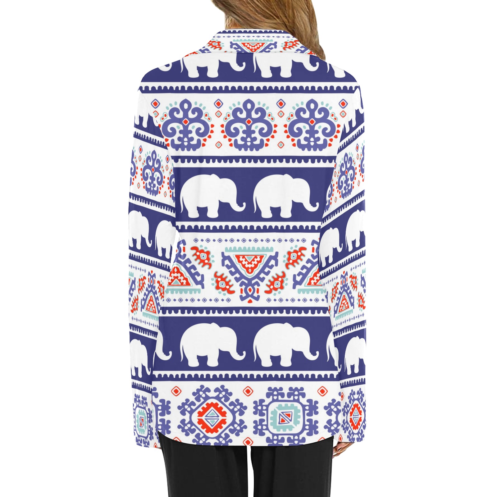 Elephant print women's pajama shirt. Polyester, button-down, blue and white pattern.