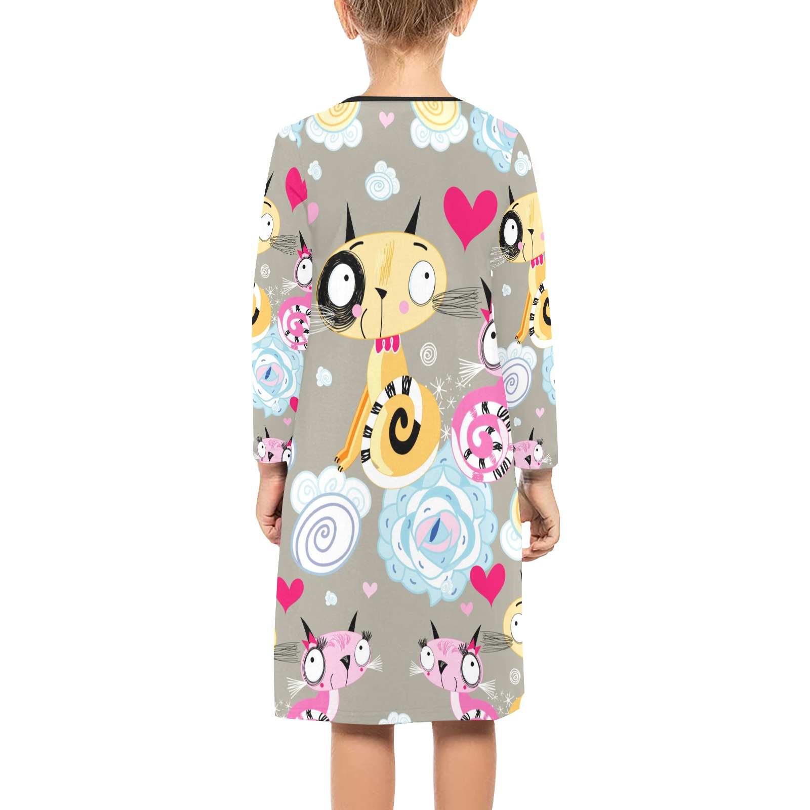 Girls' Long Sleeve Dress (D59) featuring an all-over cartoon pattern with a cute giraffe, perfect for school or parties.