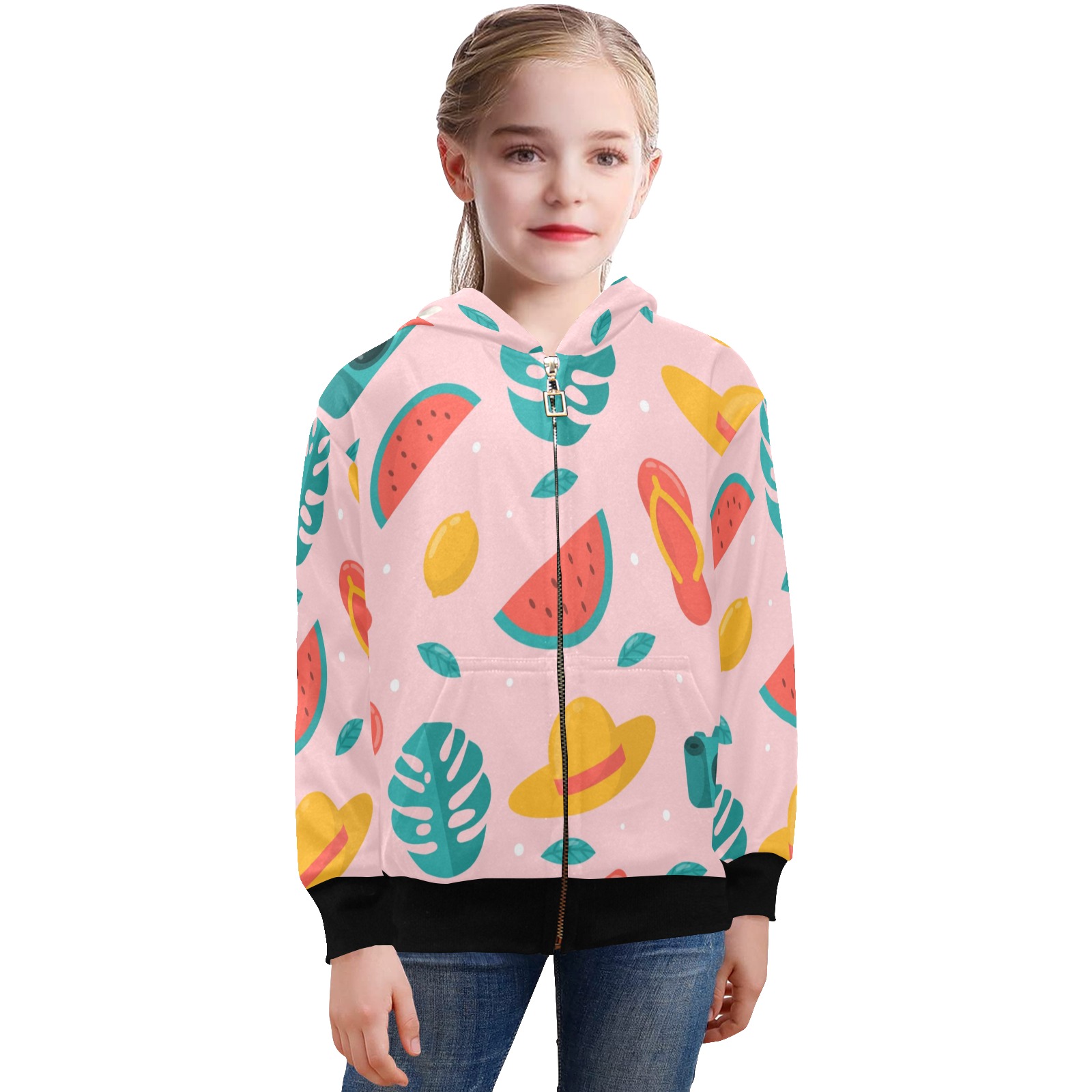 Big Girls' Zip Up Hoodie (H58) with colorful fruit pattern on a pink background