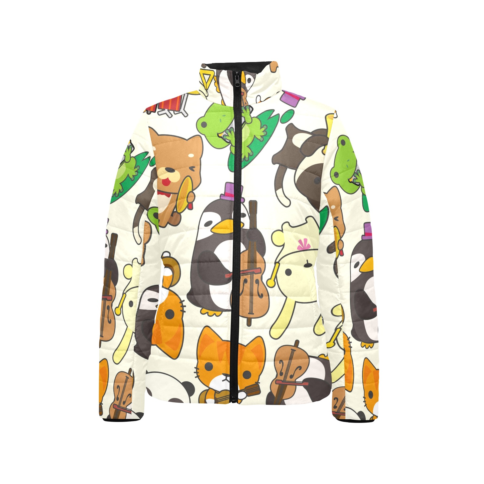 Women's stand collar padded jacket with cartoon animal print, zipper closure, two pockets, white base, polyester.