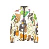 Women's stand collar padded jacket with cartoon animal print, zipper closure, two pockets, white base, polyester.