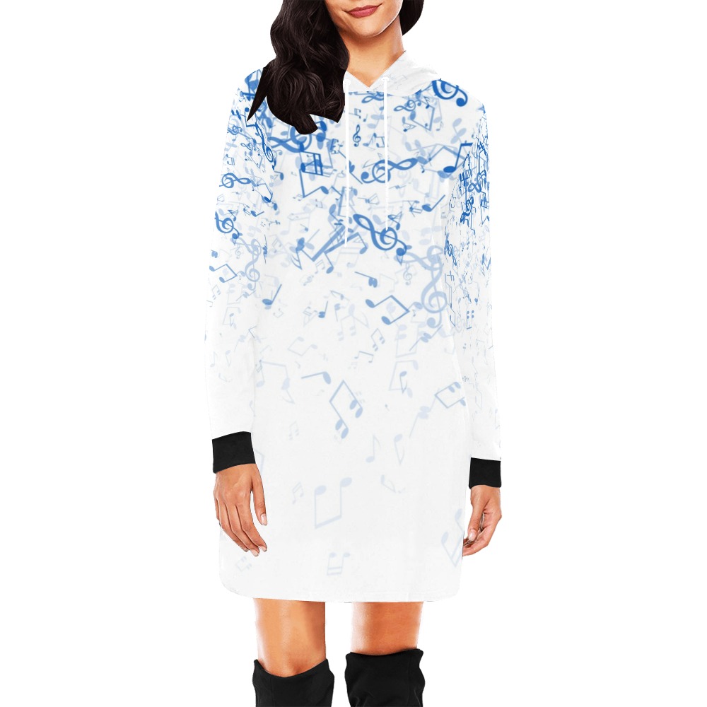 Women's white and blue splatter print hoodie mini dress, polyester, long sleeve