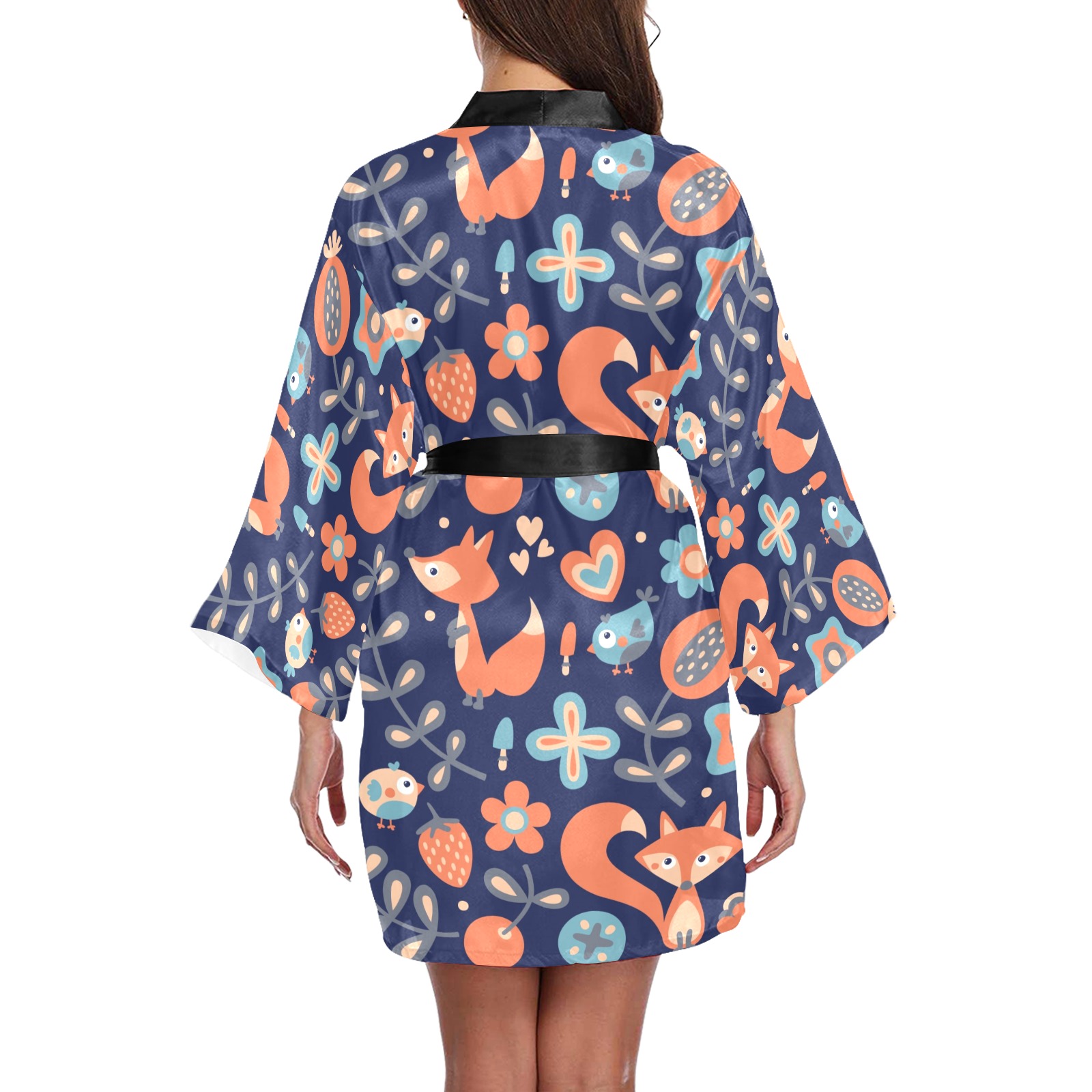 Women's long sleeve kimono robe with colorful fox pattern and black belt