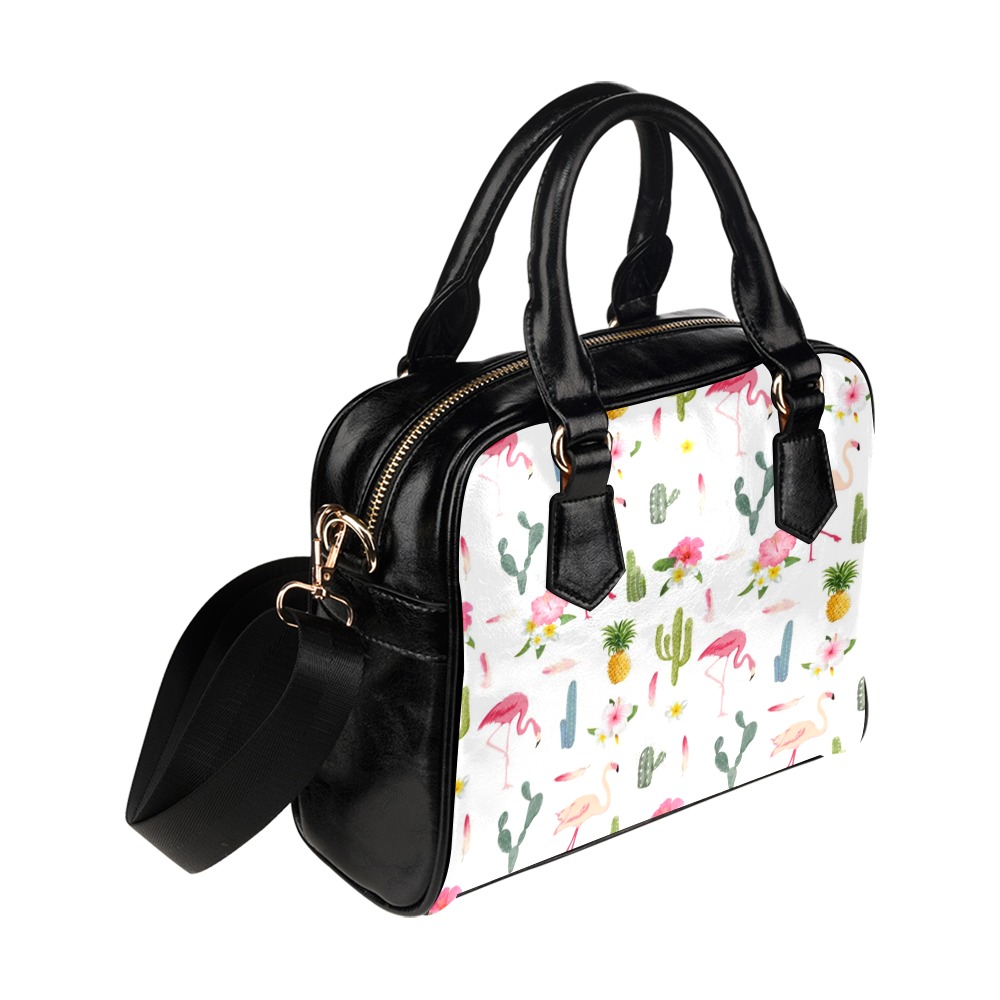 Shoulder Handbag (Model 1634) with cactus and flamingo print, PU leather, black handles and strap.