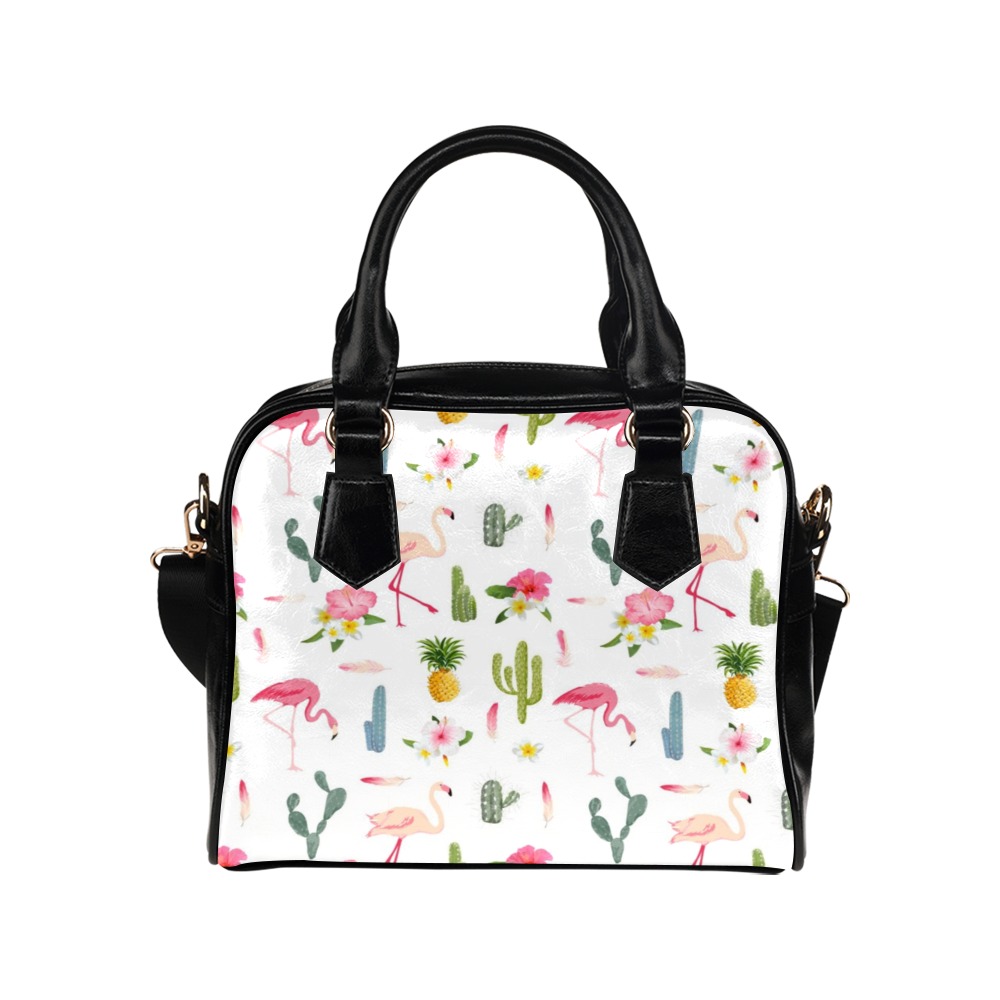 Shoulder Handbag (Model 1634) with flamingo and cactus print, PU leather, black handle and strap