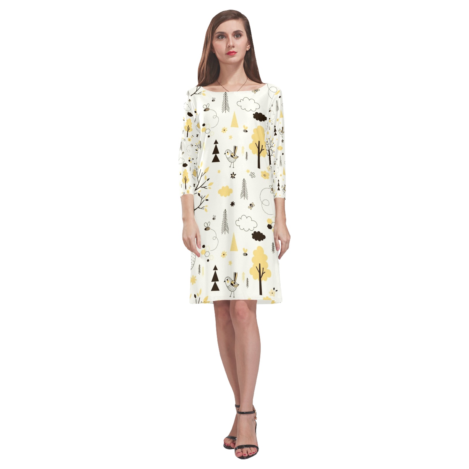 Women's Loose Round Neck Dress (Model D22) with all-over print, made of Polyester and Spandex, comfortable fit
