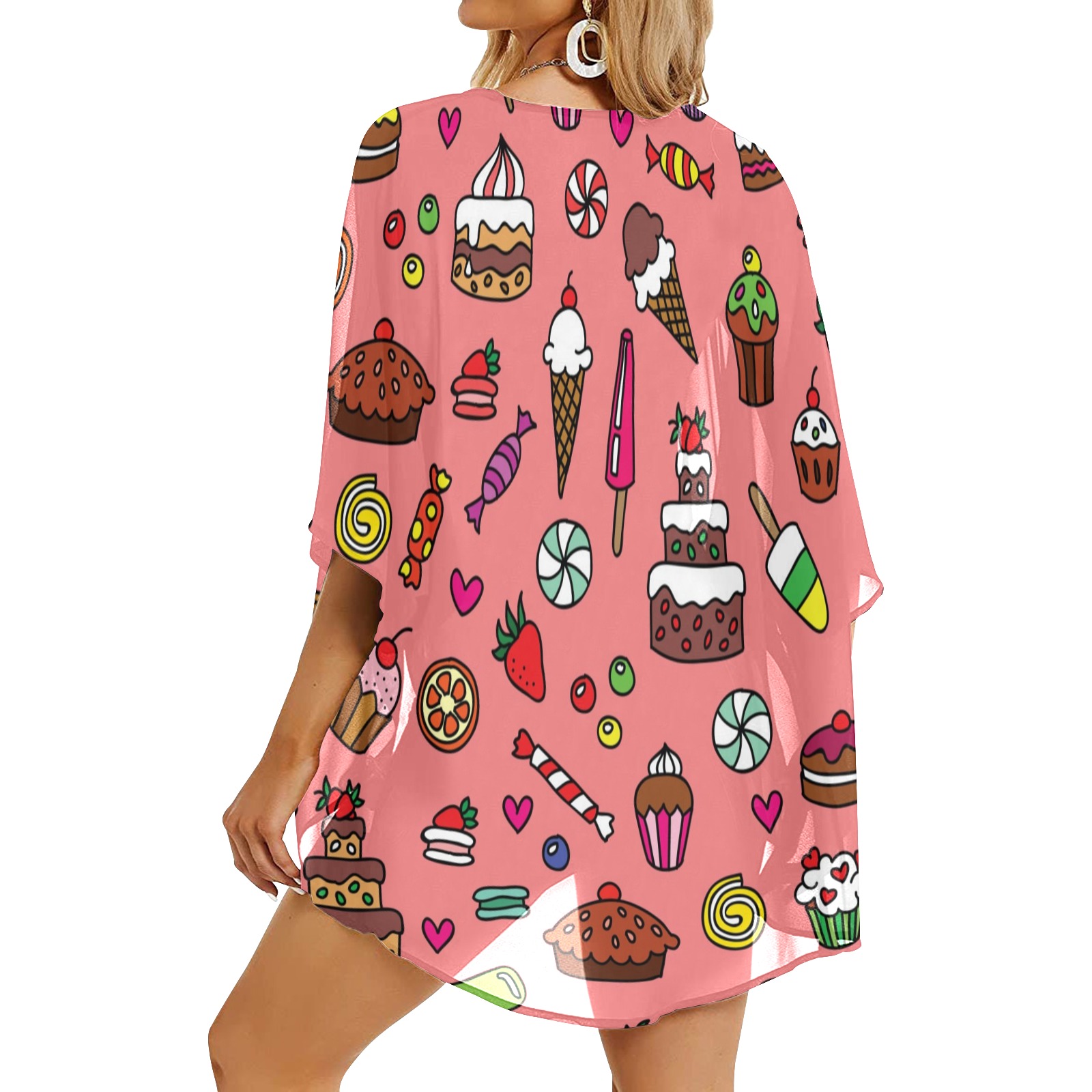 Pink chiffon kimono cover-up with sweets pattern for women