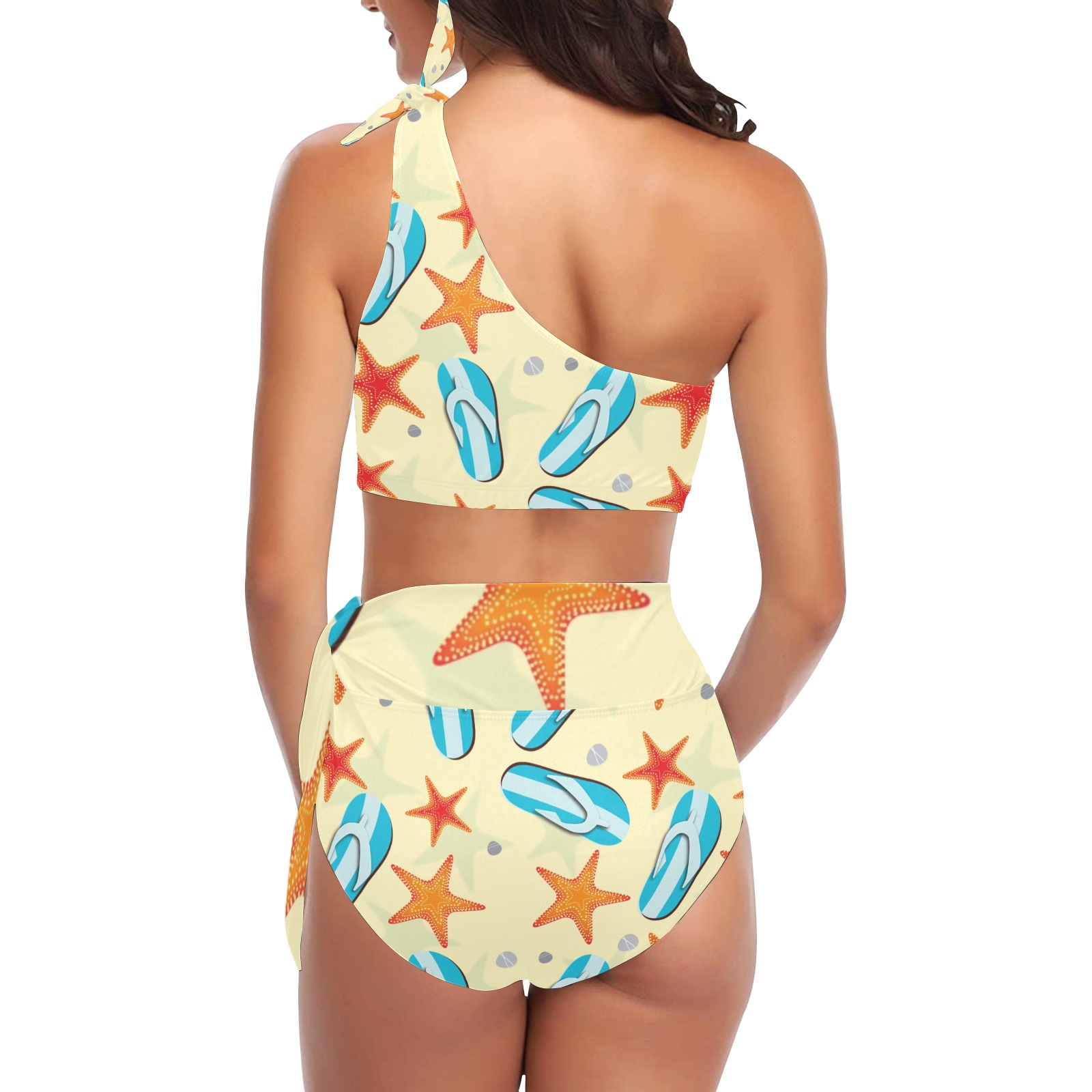 High Waisted One Shoulder Bikini Set with starfish and surfboard pattern, perfect for summer beach vacations