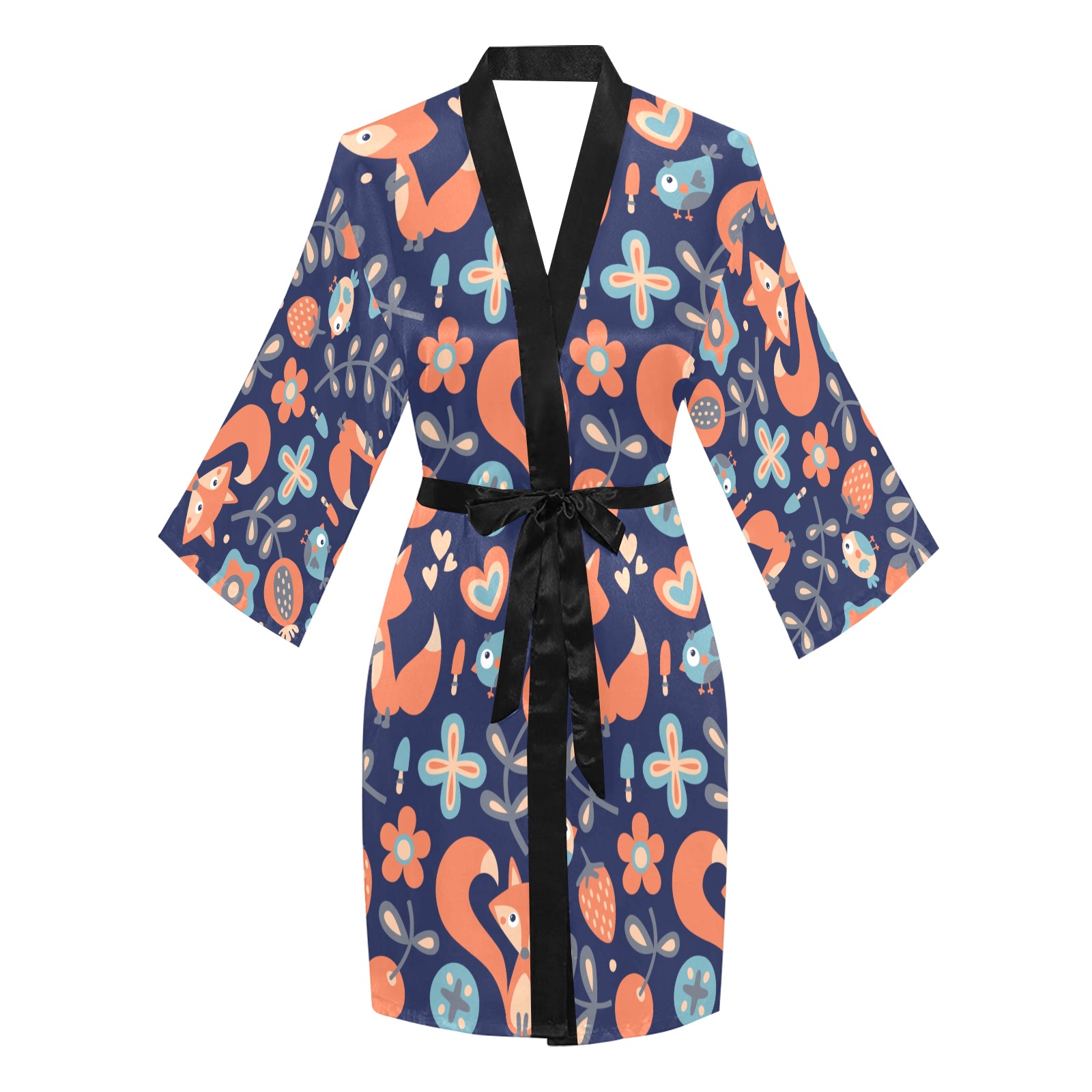 Navy blue Women's long sleeve kimono robe with fox pattern and black belt