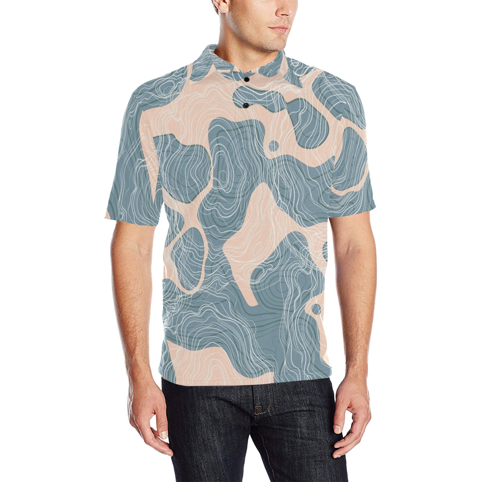 Men's All Over Print Polo Shirt (T55) in a stylish abstract design, made from comfortable polyester.