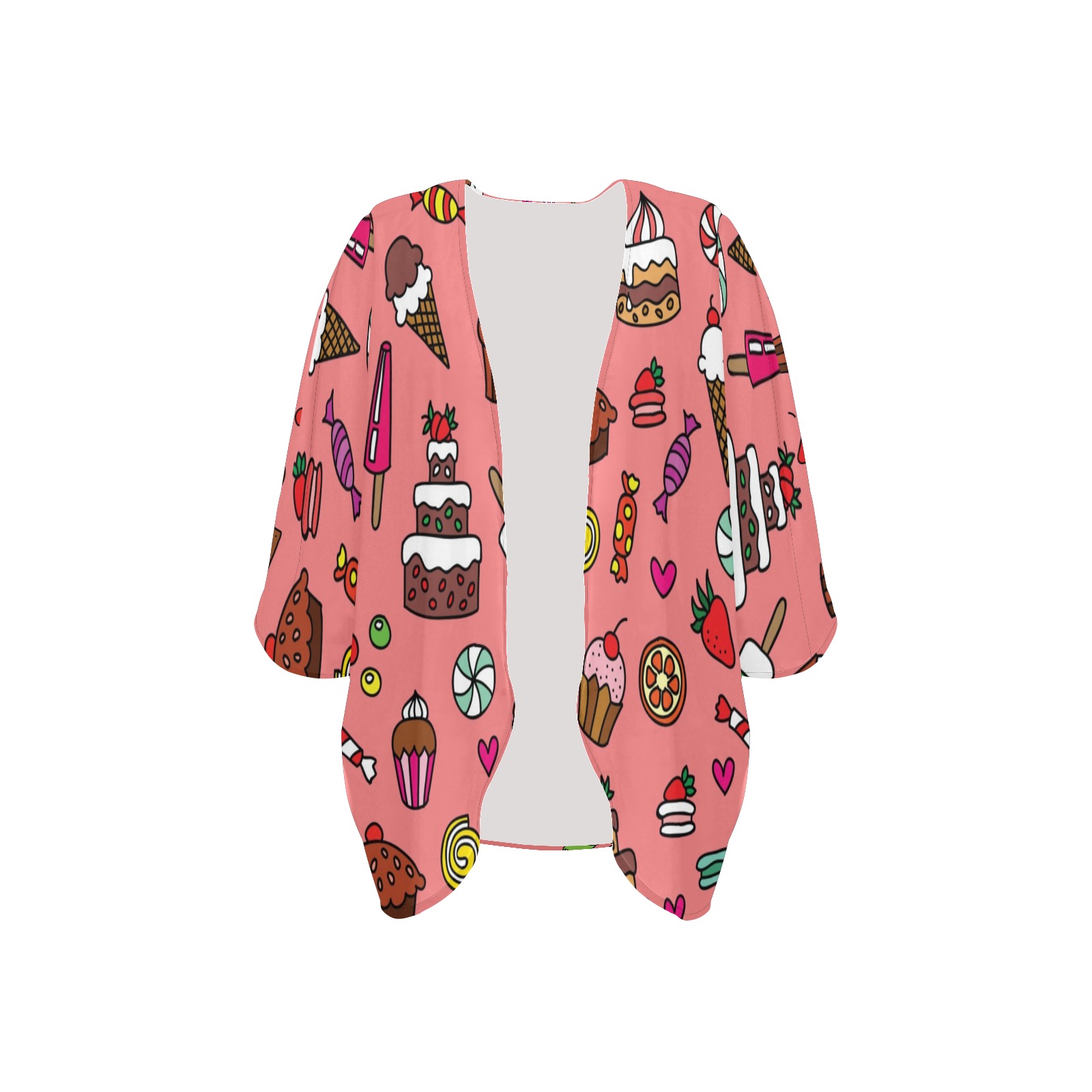 Women's pink chiffon kimono cover-up with sweets pattern (H51). Lightweight, perfect for summer.