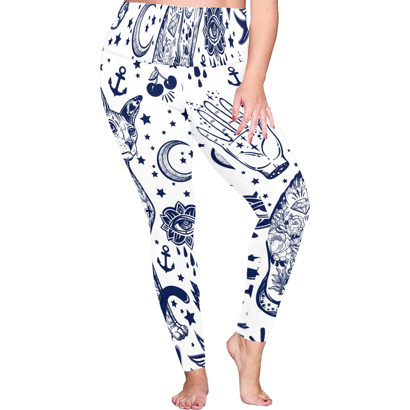 Women's High Waist Leggings L44 with Blue and White Celestial Print